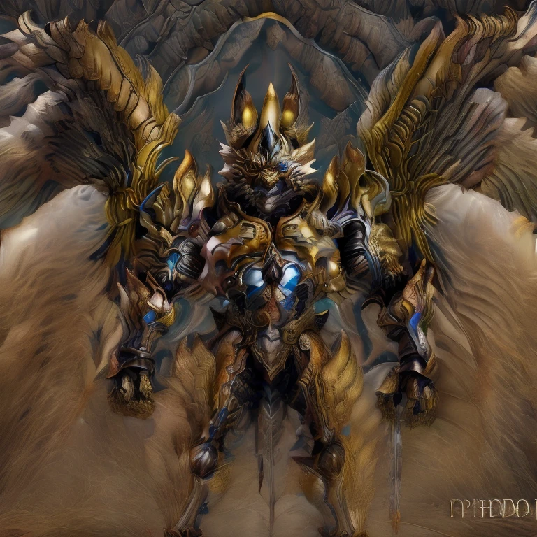 (Pokémon) (Zeraora), (masterpiece, best quality, detailed:1.2), (nj5furry), (medieval armor:1.3) sparkling skin, Vibrant colors, 4K, GOLD armor, Its full plate armor emphasizes the muscles. big muscle (pecs, triceps, traps) unusually developed muscular body, body full of huge muscles. showing off muscles, pectorales enormes. Exaggeratedly huge muscles. Gigachad Muscular, Very muscular, Large pecs, Spread wings, It has wings. have big wings. has 10 large wings. It has large golden wings. The feathers on its wings are detailed and realistic. FULL BODY, giant, huge body, long legs