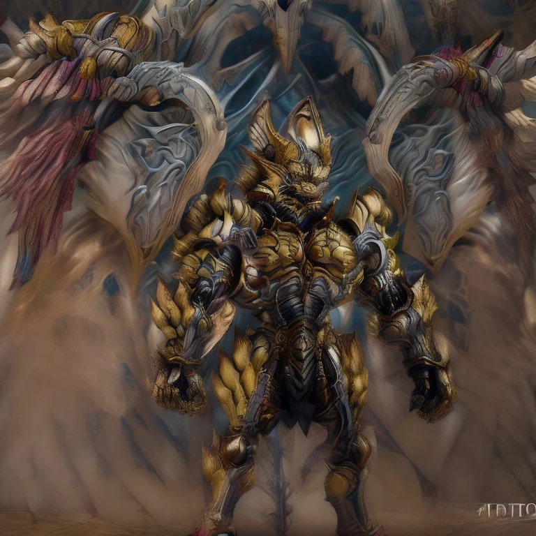 (Pokémon) (Zeraora), (masterpiece, best quality, detailed:1.2), (nj5furry), (medieval armor:1.3) sparkling skin, Vibrant colors, 4K, GOLD armor, Its full plate armor emphasizes the muscles. big muscle (pecs, triceps, traps) unusually developed muscular body, body full of huge muscles. showing off muscles, pectorales enormes. Exaggeratedly huge muscles. Gigachad Muscular, Very muscular, Large pecs, Spread wings, It has wings. have big wings. has 10 large wings. It has large golden wings. The feathers on its wings are detailed and realistic. FULL BODY, giant, huge body, long legs