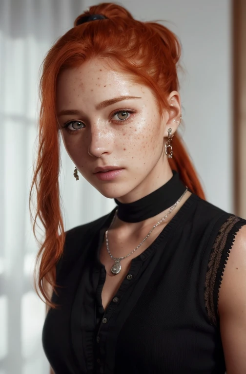 (8k, RAW photo, highest quality),(epic realistic:1.5), a girl, dynamic posture,erotic face, blouse,(detailed eyes:0.8),(looking at the camera:1.4), (highest quality), (best shadow),intricate details,cinematic,((skin:1.4)),interior, (long flowing ginger hair:1.3),dark studio,(hdr:1.5),detailed, muted colors, freckles, silver necklace, silver earring, long flowing wavy hair, smooth hair, hair down, hair pulled back