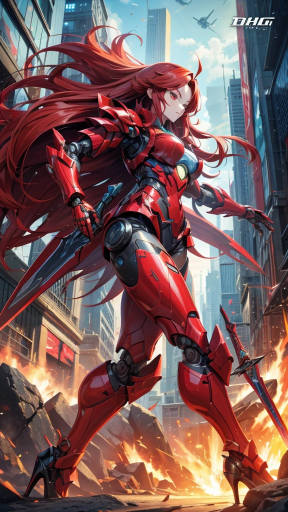 long red hair,Large female robot , Sci-fi fluorescent armor, ,,chest,female body,Mechanical joints,wing,thigh, High heel, Stand in battle,front,sci-fi sword,City