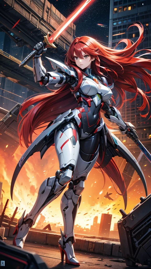 long red hair,Large female robot , Sci-fi fluorescent armor, ,，chest，female body，Mechanical joints，wing，thigh， High heel, Stand in battle，front，sci-fi sword，City