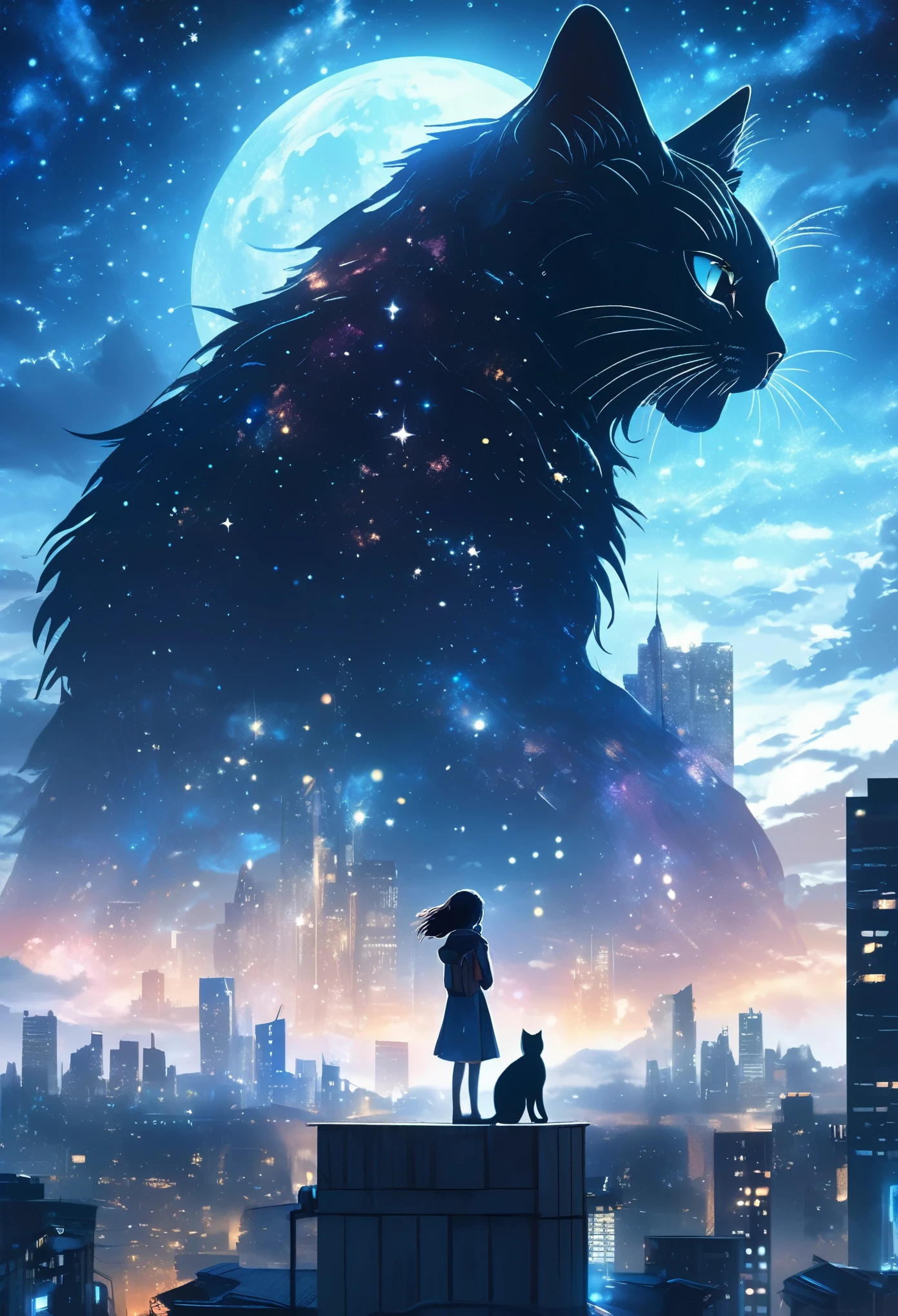 A young woman standing in the center of a rooftop, the night city skyline and starry sky as the background, a giant cat-like monster on the right side embracing and kissing the girl, hyper detailed, cinematic lighting, moody colors, dramatic composition, photorealistic, award winning digital art, concept art, 8k, highres, best quality