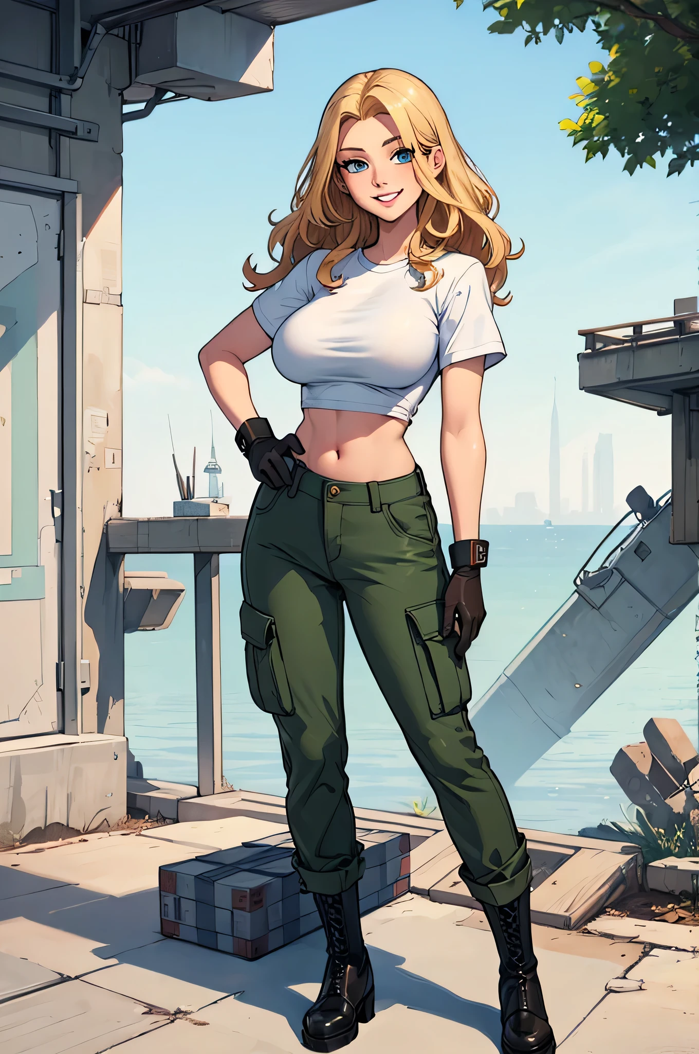 absurdres,(masterpiece,best quality,ultra-detailed:1.4),(illustration),(clean lineart),(cartoon)(flat color:1),perfect face,highly detailed eyes,nsfw,hdr,4k,25mm,(sharp focus),BREAK (solo:1),(from side:0.95), (full body shot),(full body view:1.1), (Original visual novel game character portrayed by bree olson as a cartoon girl),(tank-top and cargo trousers:1.5), (barefoot:1),(teen appearance), (below average height), ((blonde side tucked behind ear short mid-lenght hair)), [blue eyes::3], (full lineart lips),BREAK (skinny:0.6), (slim:0.8),(medium skin tone), (huge large round breasts:1.3),noticiable perky, BREAK (standing:1),(tiptoeing:1.3),(arms behind 
low back:1.3), normal expression,BREAK (simple background),(White photo studio background)