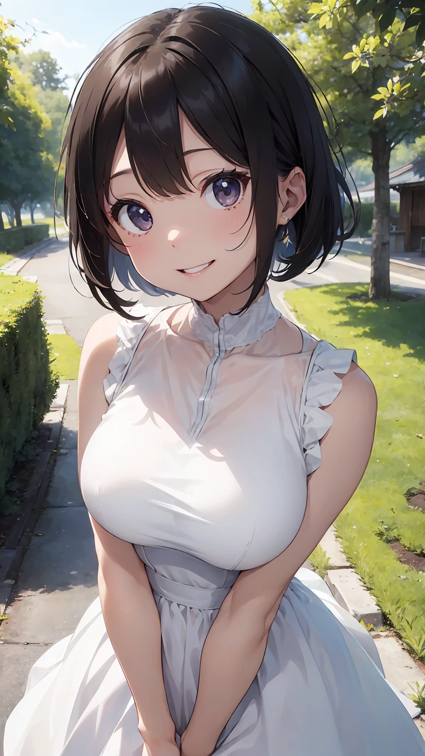 16k、masterpiece、High resolution、((1 female))、short hair、Very large breasts、(((Sleeveless、White dress)))、Smiling Kindly、Open your mouth a little、Cute pose、Very close、Forested park