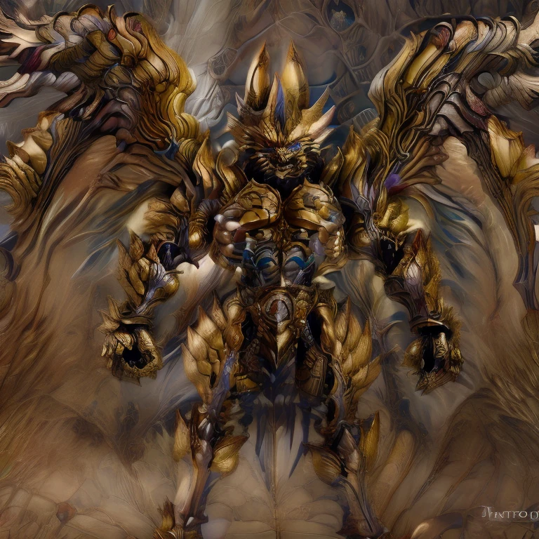 (Pokémon) (Zeraora), (masterpiece, best quality, detailed:1.2), (nj5furry), (medieval armor:1.3) sparkling skin, Vibrant colors, 4K, GOLD armor, Its full plate armor emphasizes the muscles. big muscle (pecs, triceps, traps) unusually developed muscular body, body full of huge muscles. showing off muscles, pectorales enormes. Exaggeratedly huge muscles. Gigachad Muscular, Very muscular, Large pecs, Spread wings, It has wings. have big wings. has 10 large wings. It has large golden wings. The feathers on its wings are detailed and realistic. FULL BODY, giant, huge body, long legs, gigantic