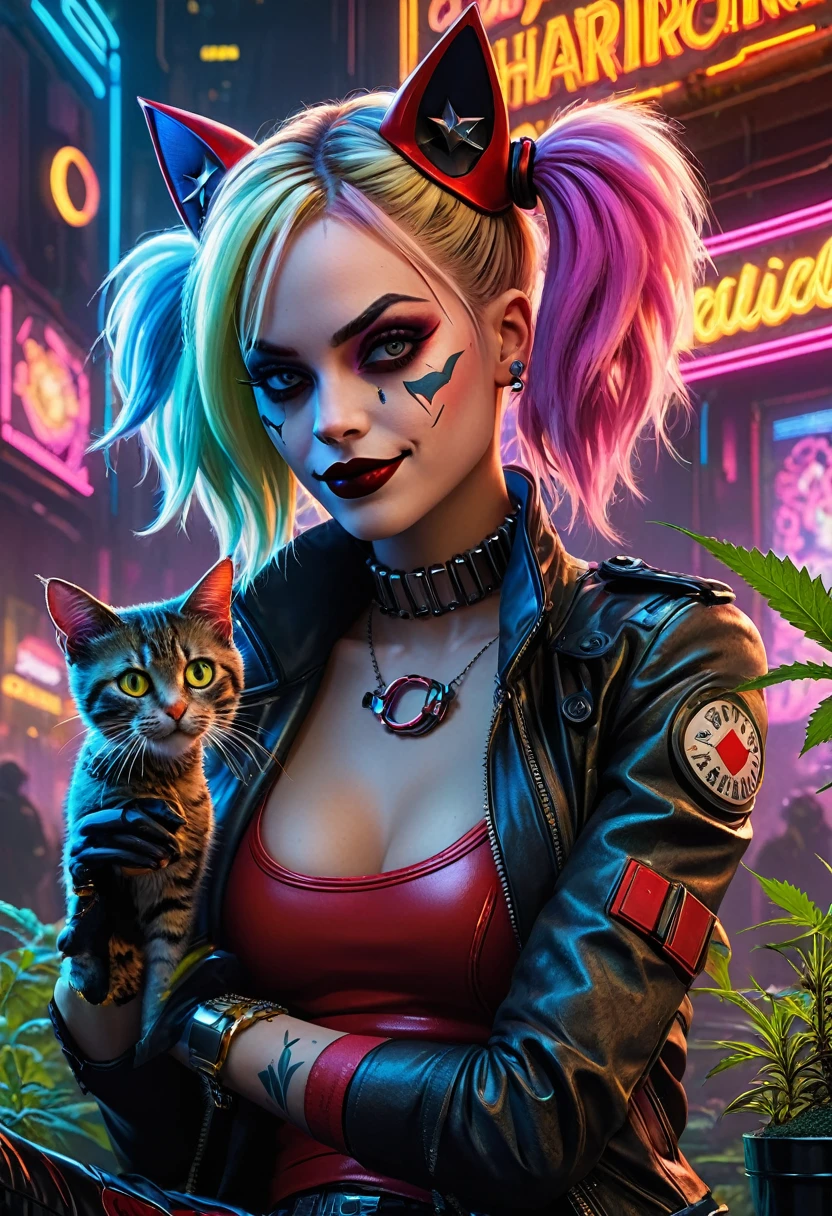 Create a ((top-notch quality)), ((masterwork)), ((true-to-life)) digital rendering that features the iconic character Harley with Cat Quinn from DC in a captivating cyberpunk setting. Illustrate her enjoying cannabis goodness while seamlessly incorporating elements of the cyberpunk, cannabis-inspired, DMT, Artegem, and chiaroscuro styles. Employ Louis Wain's artistic vision to construct the environment. Pay meticulous attention to high levels of detail and vibrant colors, infusing the composition with the essence of cyberpunk aesthetics. Include cannabis-inspired and DMT elements to create an ethe, Chiaroscuro, 4K, 4K, 1080P