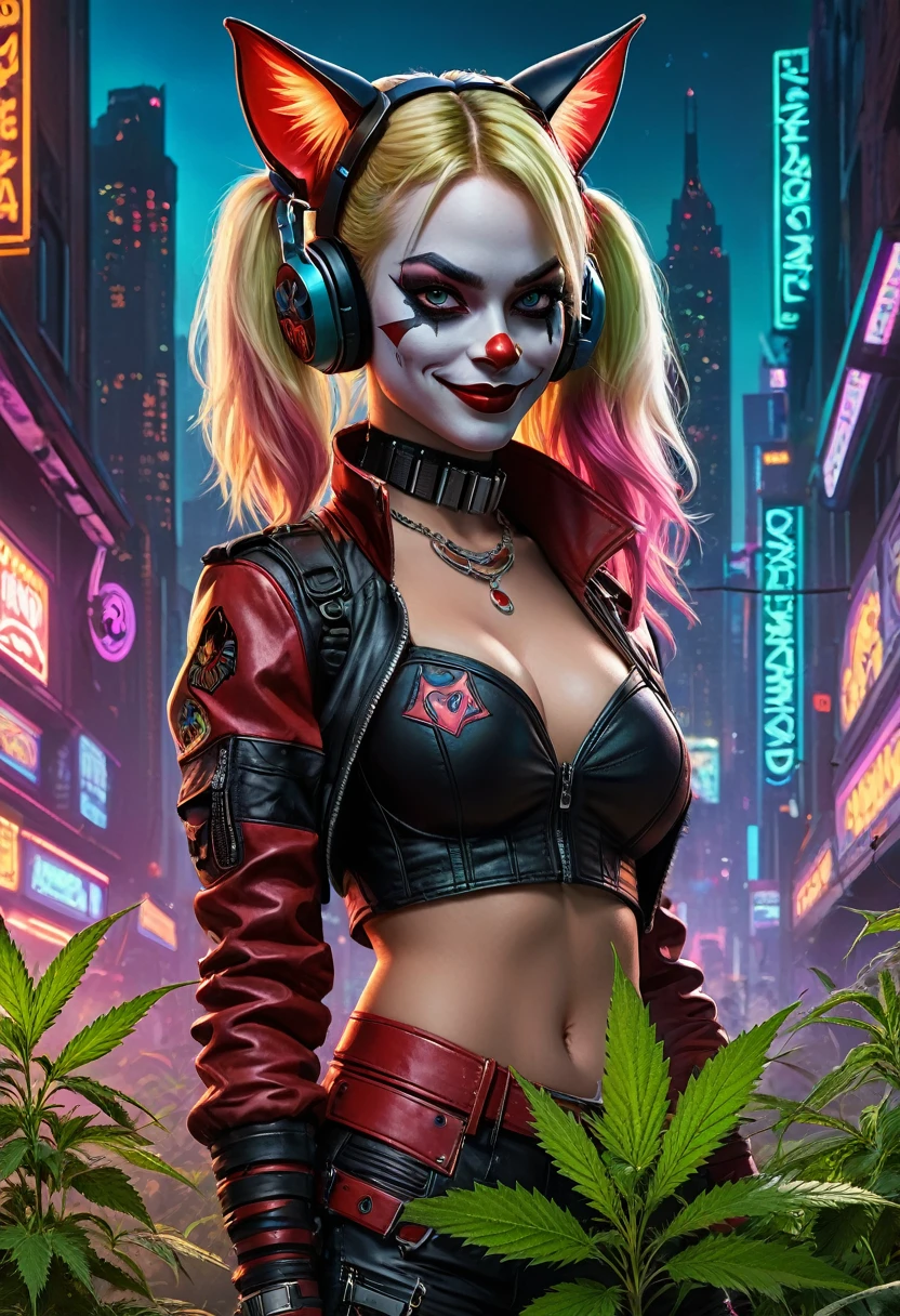 Create a ((top-notch quality)), ((masterwork)), ((true-to-life)) digital rendering that features the iconic character Harley with Cat Quinn from DC in a captivating cyberpunk setting. Illustrate her enjoying cannabis goodness while seamlessly incorporating elements of the cyberpunk, cannabis-inspired, DMT, Artegem, and chiaroscuro styles. Employ Louis Wain's artistic vision to construct the environment. Pay meticulous attention to high levels of detail and vibrant colors, infusing the composition with the essence of cyberpunk aesthetics. Include cannabis-inspired and DMT elements to create an ethe, Chiaroscuro, 4K, 4K, 1080P