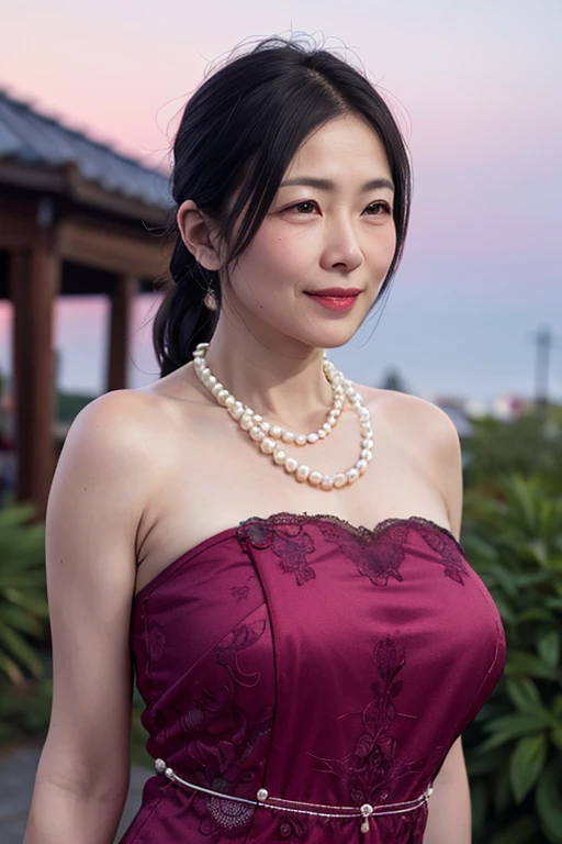 Mature Asian Woman, Beautiful details, Beautiful lip detail, Very detailedな顔, Long eyelashes, ((Low Ponytail)), ((Pearl Necklace)), Full body emphasis, dress, garden, night中, night, full moon, moonlight, (highest quality, 4K, 8k, High resolution, masterpiece:1.2), Very detailed, (Realistic, photoRealistic, photo-Realistic:1.37), Vibrant colors