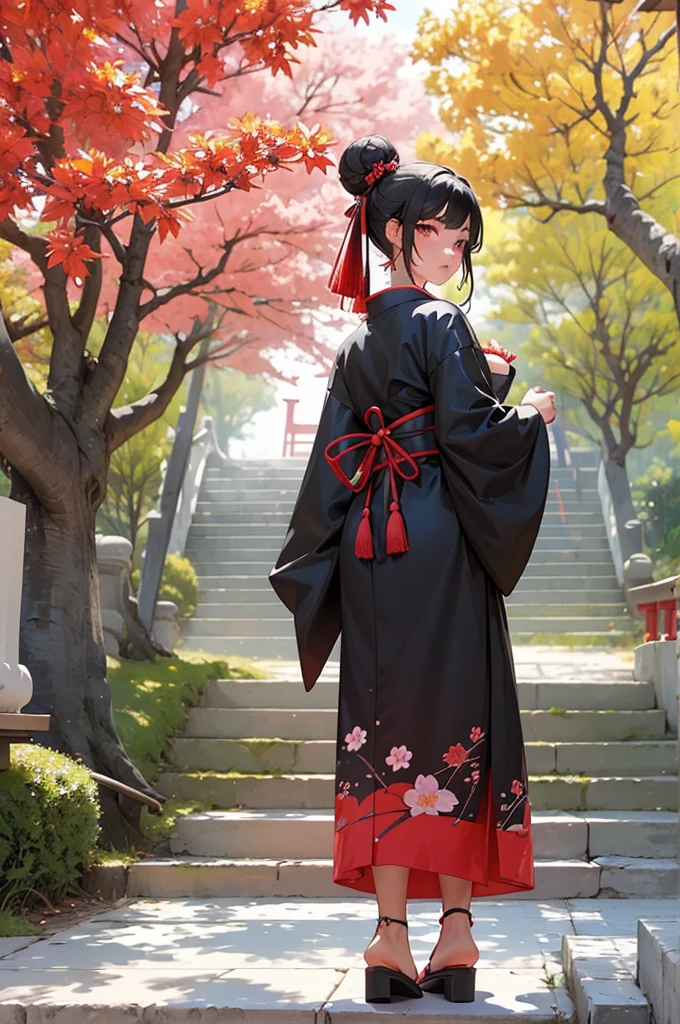 ((obra maestra,mejor calidad)),2 chicas, kimono negro, calzas negras, black cinta, pelo negro, Flores de cerezo, day, flor, Bun, hair cinta, ropa japonesa, kimono, pelo largo, mirando al espectador, looking back , varias chicas, cinturones, al aire libre, ojos rojos, cabello rojo, cinta, sandalias, buen soltero, escaleras, de pie, estatua, torii, tree, kimono blanco, ojos amarillos