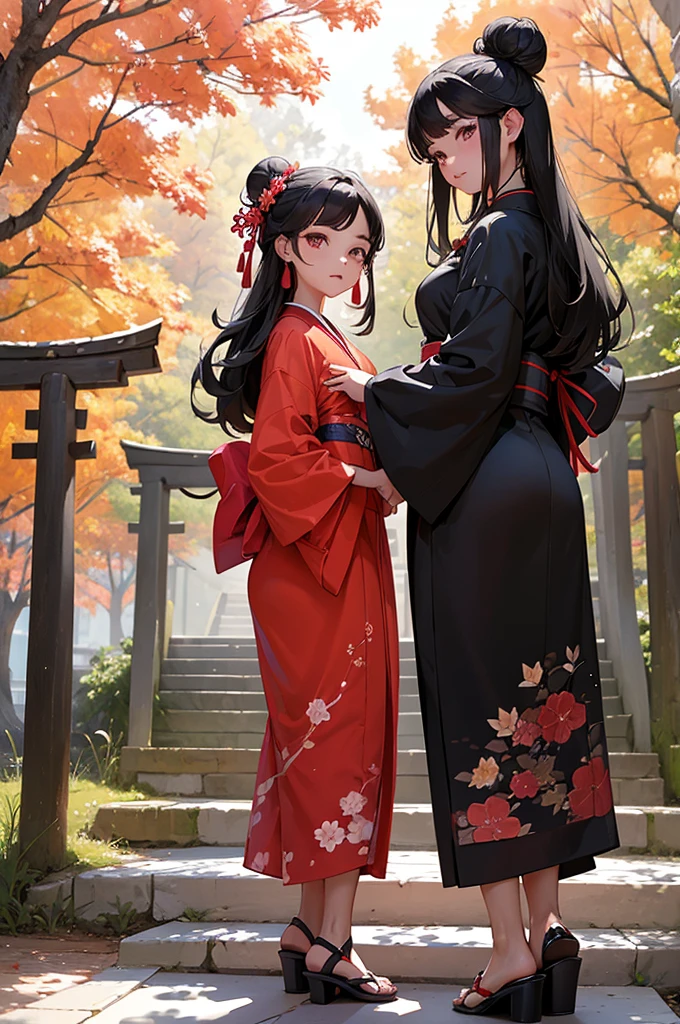 ((obra maestra,mejor calidad)),2 chicas, kimono negro, calzas negras, black cinta, pelo negro, Flores de cerezo, day, flor, Bun, hair cinta, ropa japonesa, kimono, pelo largo, mirando al espectador, looking back , varias chicas, cinturones, al aire libre, ojos rojos, cabello rojo, cinta, sandalias, buen soltero, escaleras, de pie, estatua, torii, tree, kimono blanco, ojos amarillos