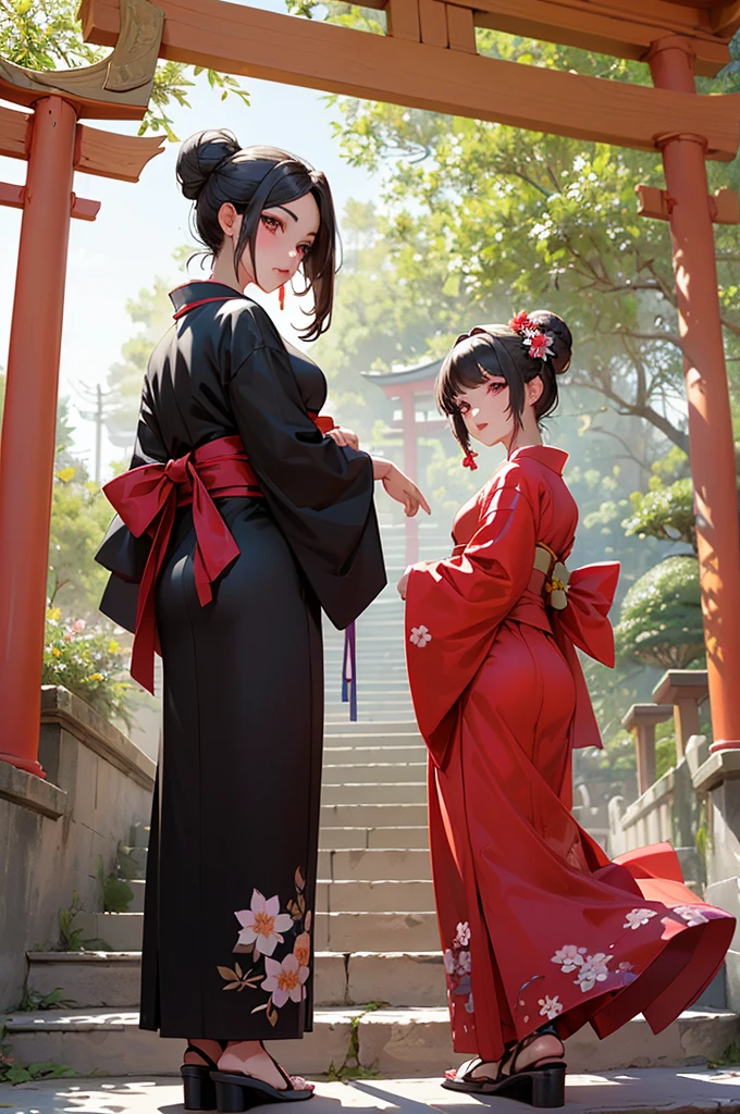 ((obra maestra,mejor calidad)),2 chicas, kimono negro, calzas negras, black cinta, pelo negro, Flores de cerezo, day, flor, Bun, hair cinta, ropa japonesa, kimono, pelo largo, mirando al espectador, looking back , varias chicas, cinturones, al aire libre, ojos rojos, cabello rojo, cinta, sandalias, buen soltero, escaleras, de pie, estatua, torii, tree, kimono blanco, ojos amarillos