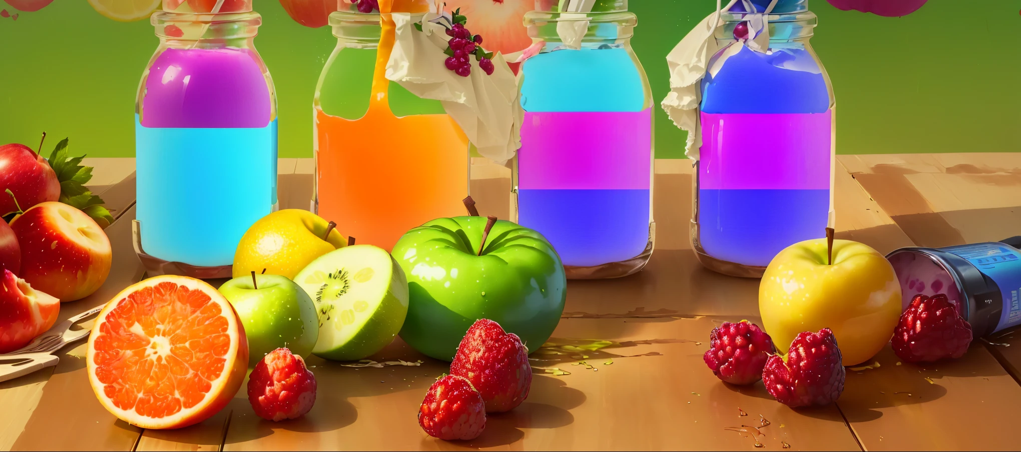 Lots of different fruits and vegetables on the table, rainbow liquids, Juice spills, background technologywork, making a lotion, background technology, painting of one health lotion, Colorful apples, juicy color, Detailed 4k, magical lotions, magic lotions, health lotion, lotion, Colorful concept art, Stylization, Color illustrations, berry juice
