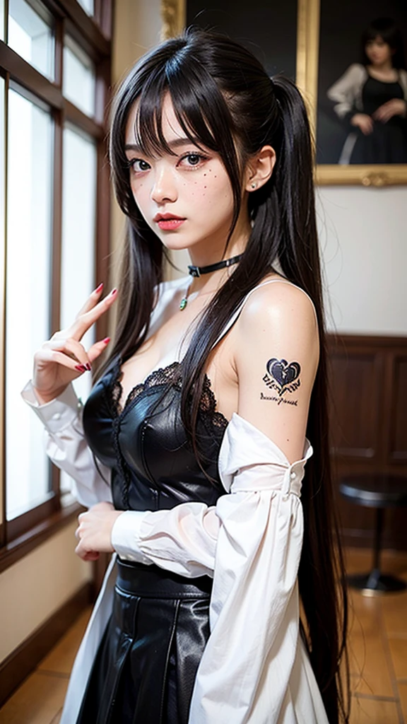 fire、surrounded by flameasterpiece, ultra detailed, hyper detailed, insanely detailed, detailed, high quality, best quality, exquisite, beautiful, woman, shy, wink, making a V sign, looking at viewer, black hair, big eyes, slant eyes, wide-eyed, heterochromia, with heart-shaped pupils, wheatish skin, skirt, choker, with a tattoo, piercing, beauty mark, freckles, blush, nail polish, long hair, twintail, very long hair, long hair, twintails, spiked hair, flipped hair, ahoge, shiny hair, wavy hair