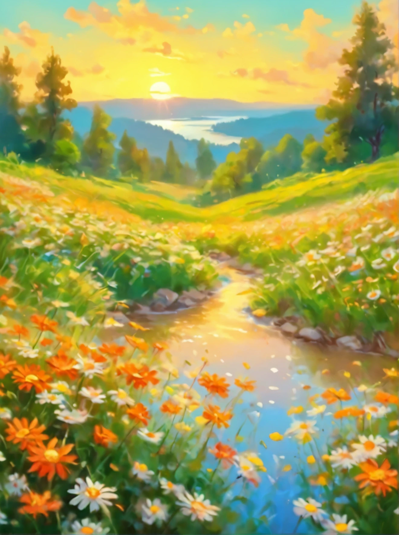 painting of a field of daisies and a river in the distance, meadow with flowers, meadows on hills, field of flowers, by Eugene Tertychnyi, [ oil painting ]!!, landscape oil painting, by Franciszek Starowieyski, summer landscape, summer meadow, by Sylvester Shchedrin, meadows, by Dechko Uzunov