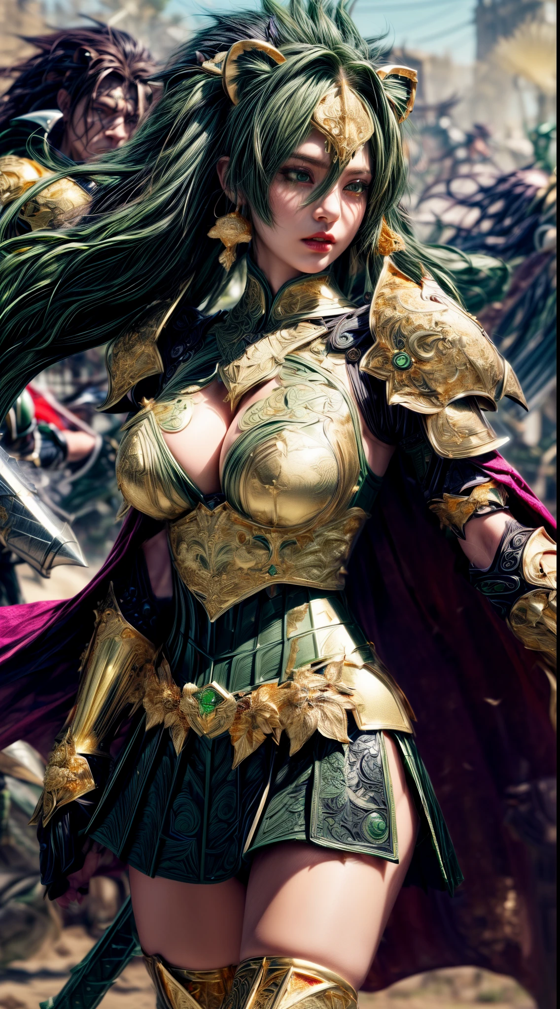 Very cute 、No makeup、Slender、(((low length)))、(Detailed face)、Realistic Skin、((Wind Knight)), ((Dark Green Armor))、((((Deep green armor with very fine and intricate gold detailing:1.5))))、((Delicate photo))，(Girl Astepeace RAW Photo Details:1.25), (highest quality:1.6), (超A high resolution:1.5), (Realistic:1.75), 8K resolution, Canon EOS R5, 50mm, Absurd, Ultra-detailed,Cinema Lighting,((battlefield))、((battle))、(((Embellished black skirt)))、Thigh-high socks、Shin Guards、((pastel green hair))、((Low Twintails))、((Hairstyle with bangulticolored Hair))、(Six-pack)、Cape、Beautiful Armor、(((Has a huge weapon)))、(In combat)、The wind is blowing、((Symmetrical Armor))、((((tornado))))、(((Leading a large group of knights:1.2)))、Banner、(Lion-themed armor)、(((Battle Scene)))、(((Dark green lion)))、((nsfw))