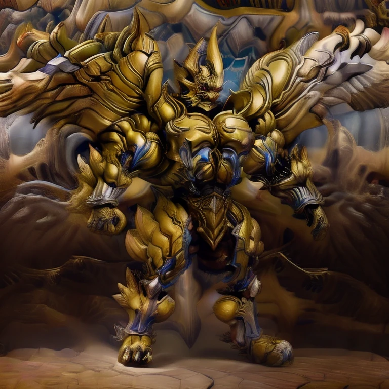 (Pokémon) (Zeraora), (masterpiece, best quality, detailed:1.2), (nj5furry), (medieval armor:1.3) sparkling skin, Vibrant colors, 4K, GOLD armor, Its full plate armor emphasizes the muscles. big muscle (pecs, triceps, traps) unusually developed muscular body, body full of huge muscles. showing off muscles, pectorales enormes. Exaggeratedly huge muscles. Gigachad Muscular, Very muscular, Large pecs, Spread wings, It has wings. have big wings. has 10 large wings. It has large golden wings. The feathers on its wings are detailed and realistic. FULL BODY, giant, huge body, long legs, gigantic
