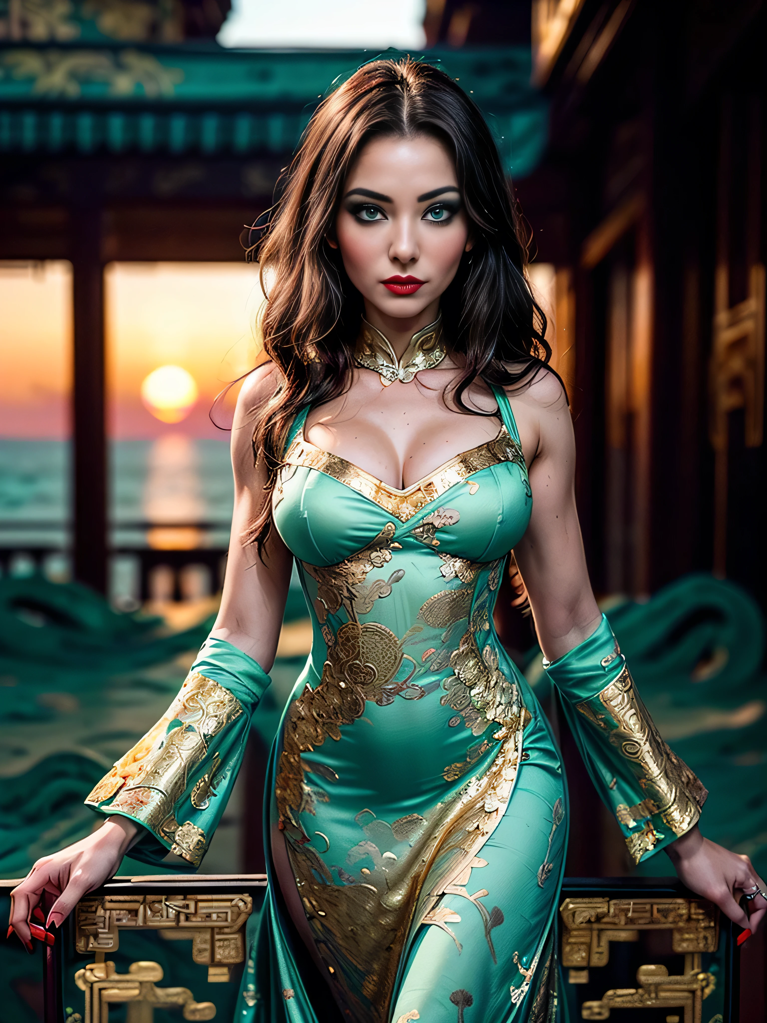 (masterpiece), (extremely intricate:1.3), (realistic), portrait of a muscular girl, ((((detailed woman, ((blackout gothic eye makeup, red lips, strong square cleft chin, arrogant, [flat chest:medium breasts:0.8]), long wavy [blonde hair:dark hair:0.2], (((bright seafoam gold chinoiserie evening gown))))))), freckles:1.0, professional lighting, photon mapping, radiosity, physically based rendering, ultra resolution, hyper-realistic), metal reflections, upper body, outdoors, intense sunlight, far away castle, professional photograph of a stunning woman detailed, sharp focus, dramatic, award winning, cinematic lighting, volumetrics dtx, (film grain, blurry background, blurry foreground, bokeh, depth of field, sunset, interaction, photorealistic:1.4), 8K