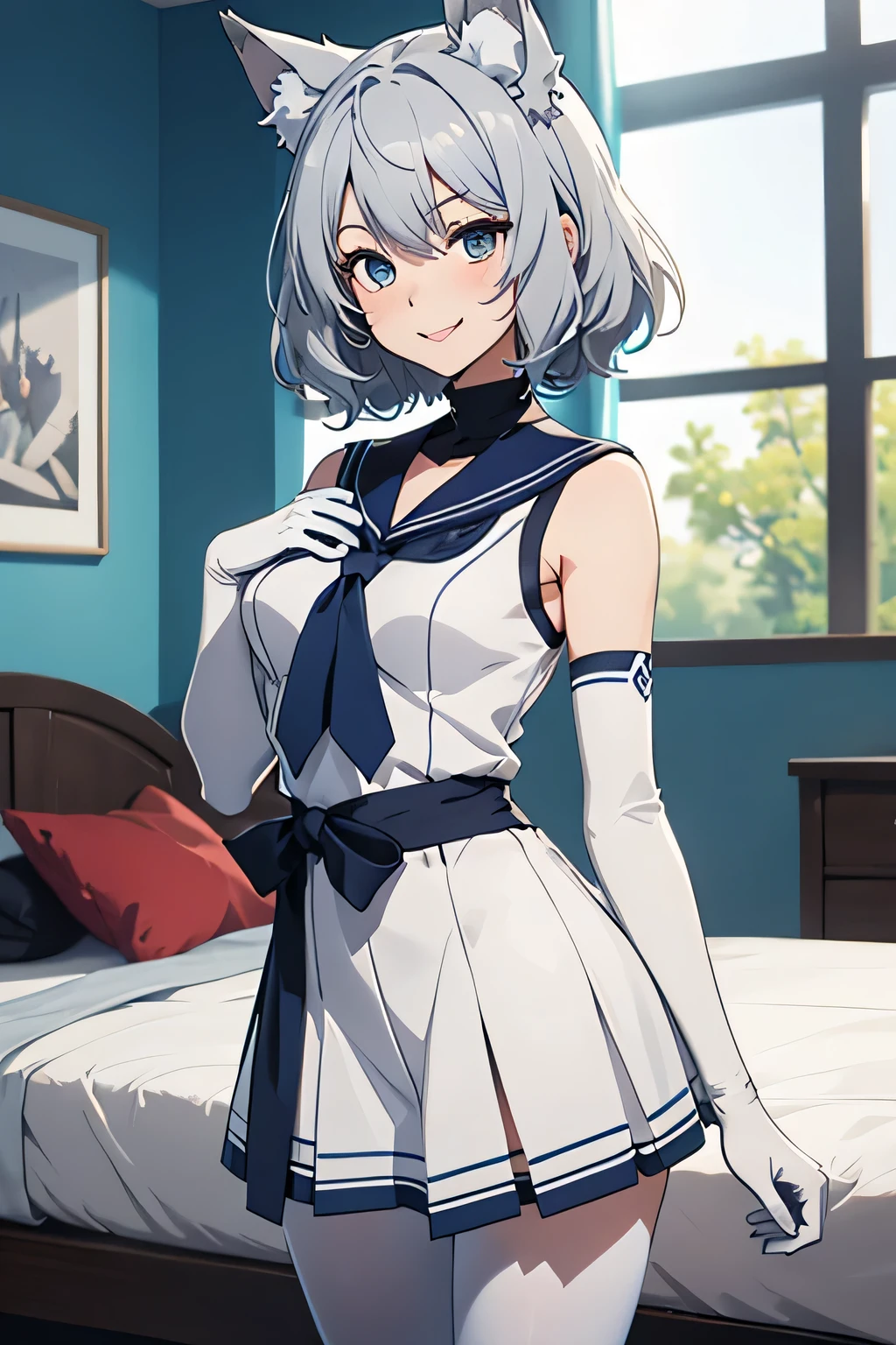 Tabletop　 Best image quality　wonderful　Attention to detail　One Young Woman（（Adult））Anime Style　White Sailor Suit（Sleeveless）　Navy blue mini skirt　Pure white gloves（Elbow Gloves）　Stretch your arms　White Pantyhose（Plain）　wolf ears　short hair（（Shortcuts）（Gray Hair）（Curly Hair）（fluffy））　smile（Happy）　Eye color is blue　background（Bedroom）　standing