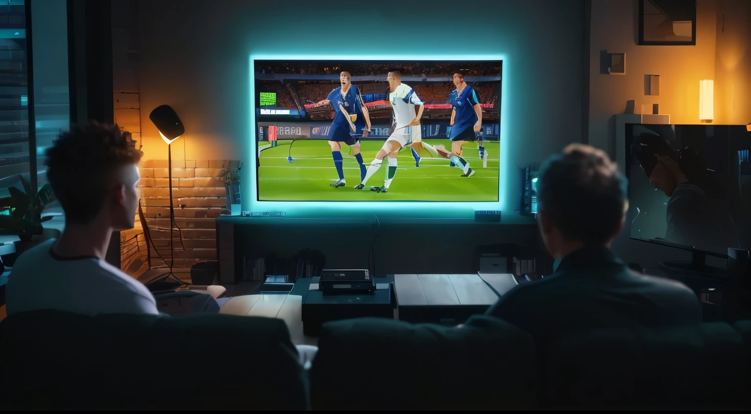 there are two men watching a soccer game on tv, tv screens in background, tv frame, led gaming, uhd 8k hidden message, cinematic mood lighting, 8 k backlit, 8k high quality and resolution, the image is refined with uhd, 4k tv still, tv screens, neon ambient lighting, gaming, bright light masterpiece, televisions