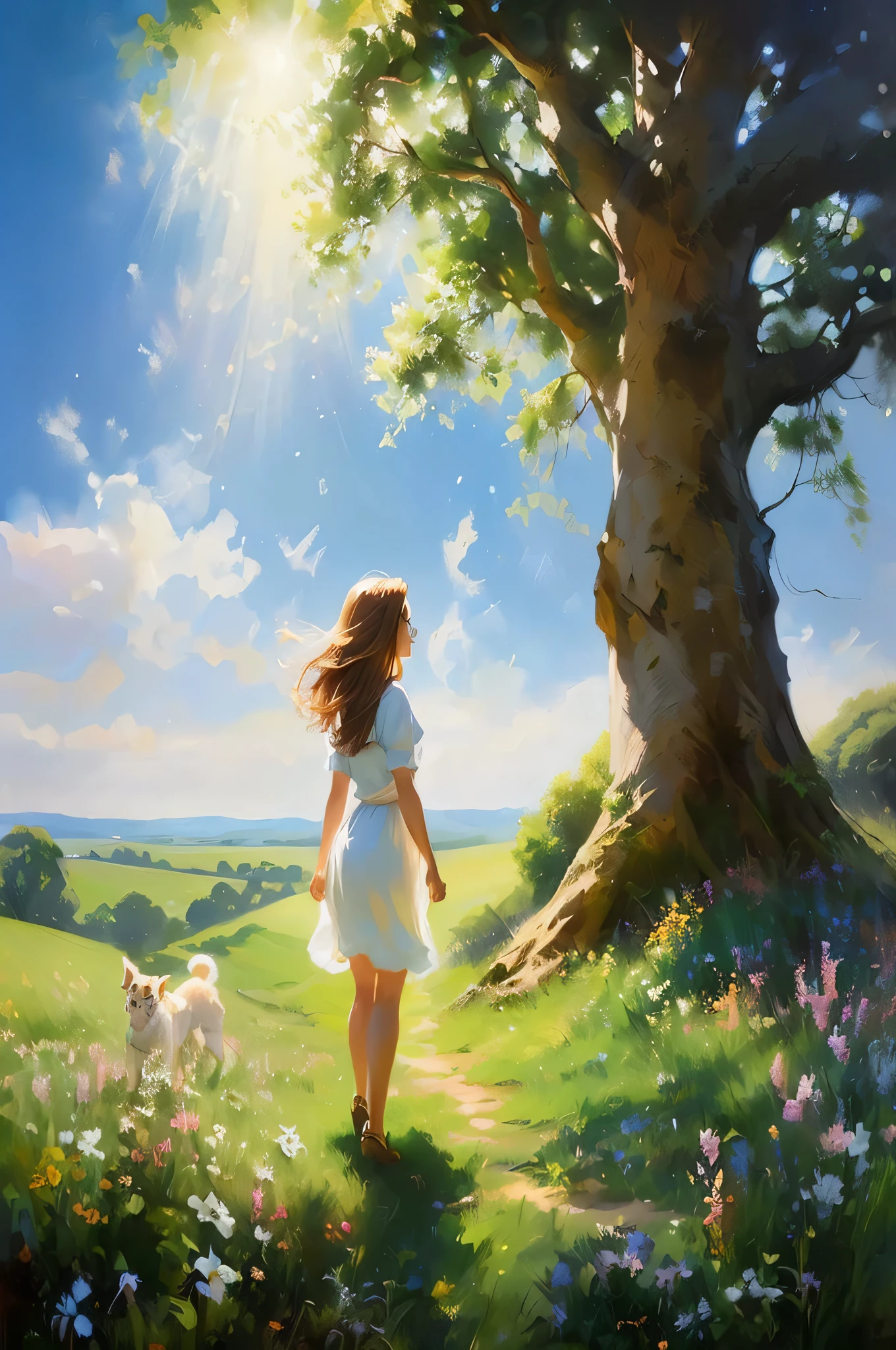 Illustration of a girl and her dog in a field, beautiful picture, Vladimir Bolegov, on a sunny day, Steve Henderson, Perfect clear sunlight, Work inspired by Mark Keithley, a beautiful picture, Summer morning sunshine, beautiful art, Raz and Thomas Kincaid, Brilliant painting, Beautiful depiction, beautiful picture, sunny day time, a beautiful artwork illustration