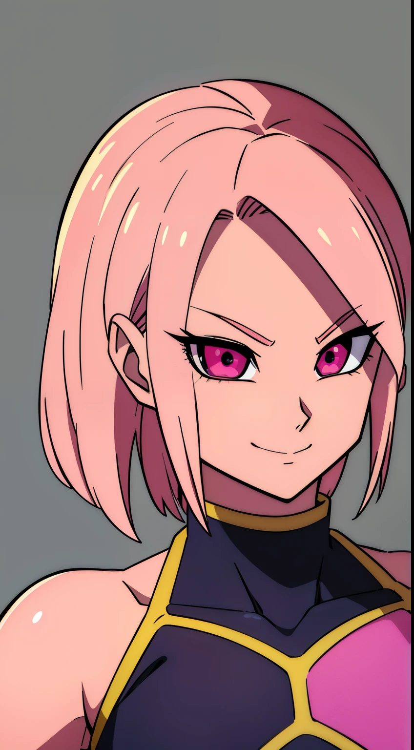 (high-quality, breathtaking),(expressive eyes, perfect face) Symmetrical Eyes, portrait, dragon ball z xenoverse 2, 1girl, female, alien, Majin Race, FMajin, Female Majin Buu, (pink skin:1.1), bubblegum pink skin color, red colored skin, smiling,(black sclera:1.2), red eyes, tentacle hair, saiyan armor, armor, muscular, alien, M, shoulder holes, standing, no nose, grey background, medium length hair, wavy hair, hair between eyes
