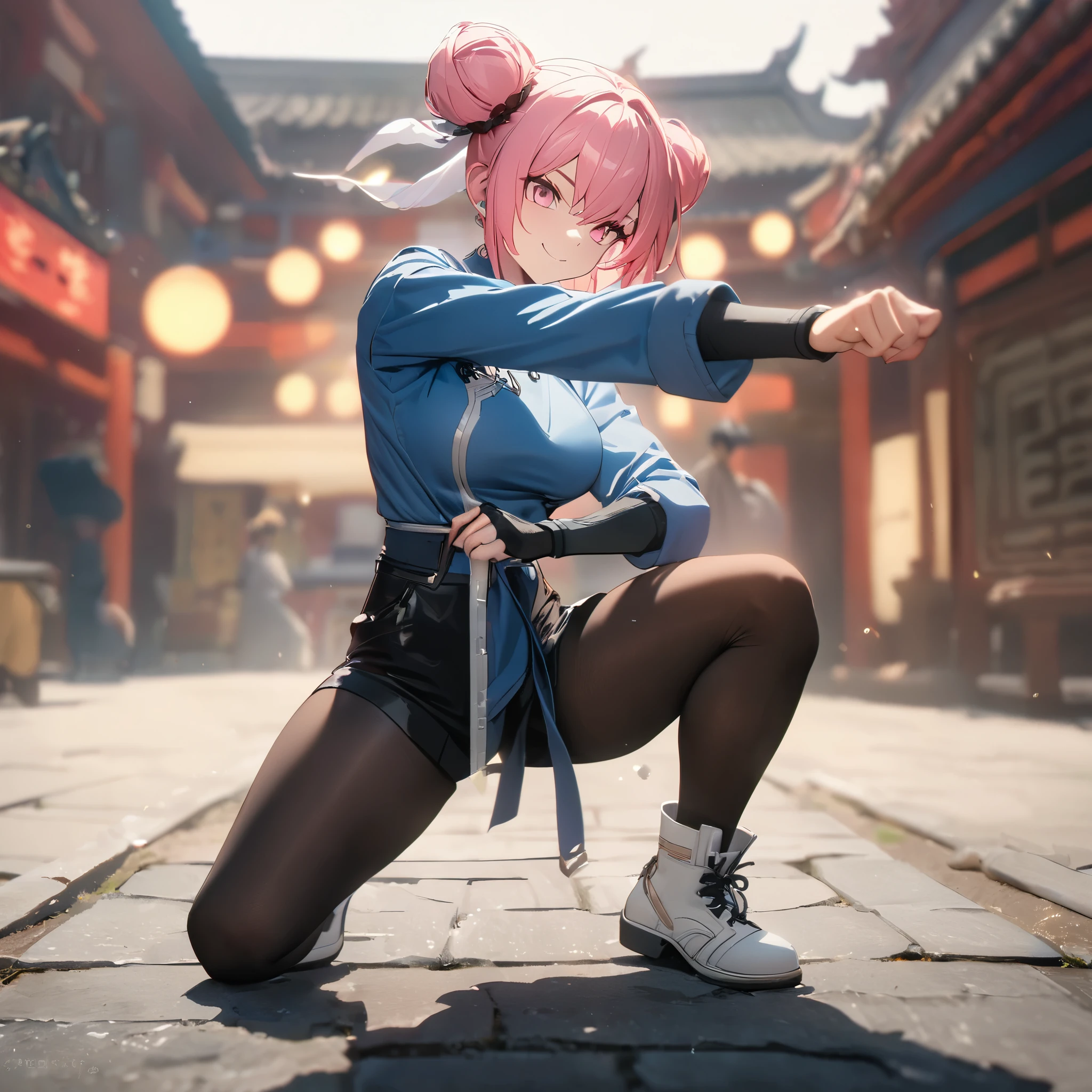 A woman wearing a blue chun li fighting costume (street fighter), hot pink pigtail hair buns, brown tights, white boots, black leggings in hand, pink eyes, smiling, full body standing in a traditional Chinese setting, in kung fu fighting stance, breasts big,UHD, masterpiece, accurate, anatomically correct, textured skin, super detail, high quality, best quality, 8k, high resolution, bokeh effect. (woman alone)
