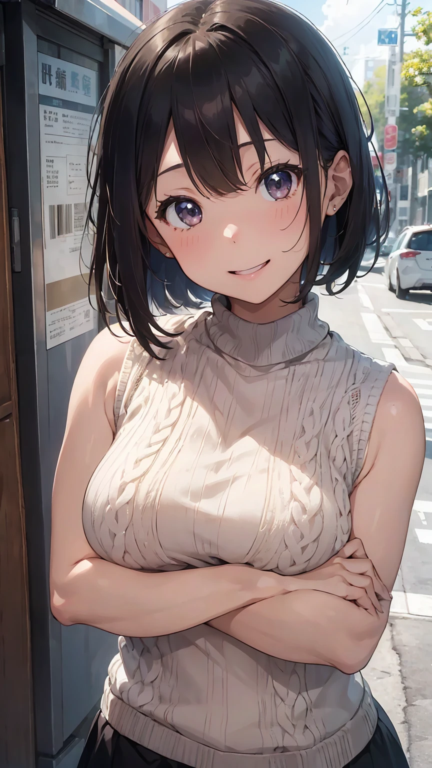 16k、masterpiece、High resolution、((One woman in her 30s))、short hair、Very large breasts、(((Sleeveless、Summer Sweater)))、Smiling Kindly、Open your mouth a little、Cute pose、Very close、Public toilets