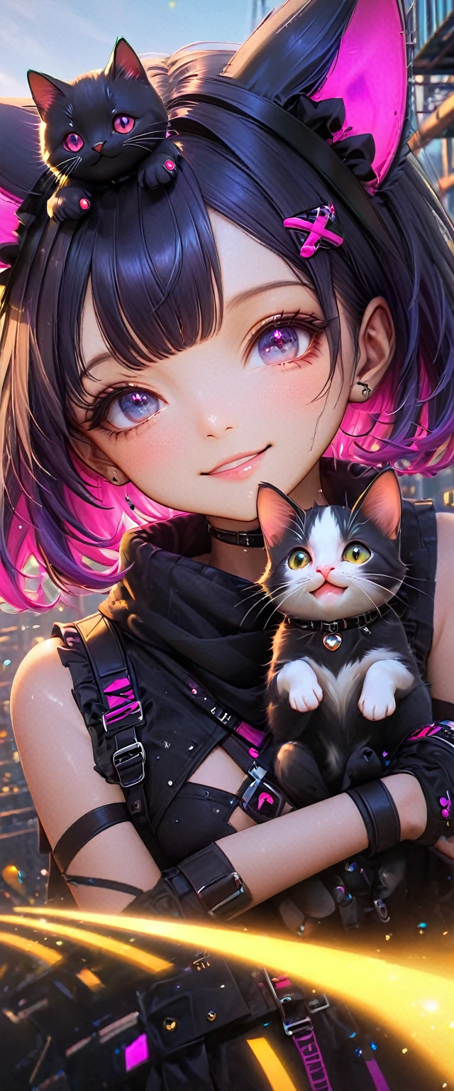 ((ultra gran angular x0.5:1.5, Camera bottom view, Pin en Cybergoth:1.5)), ((autofoto:1.4, young Pin en Cybergoth, wearing Pin en Cybergoth clothing,(( *********** with beautiful smile with a kitten on her head, imagen super tierna:1.5)), varios colores vibrantes y adornos: 1.3)),((paisaje industrial, impresionante, Vista de 360 grados: 1.5)), ((perfecto: 1.3, meticulosamente detallado: 1.3, impecable, High Definition: 1.4, cinematographic: 1.4), ((obra maestra)), (hiper detallado: 1.4), (Fotorrealista: 1.4), epic, Atardecer: 1.4, 32K.