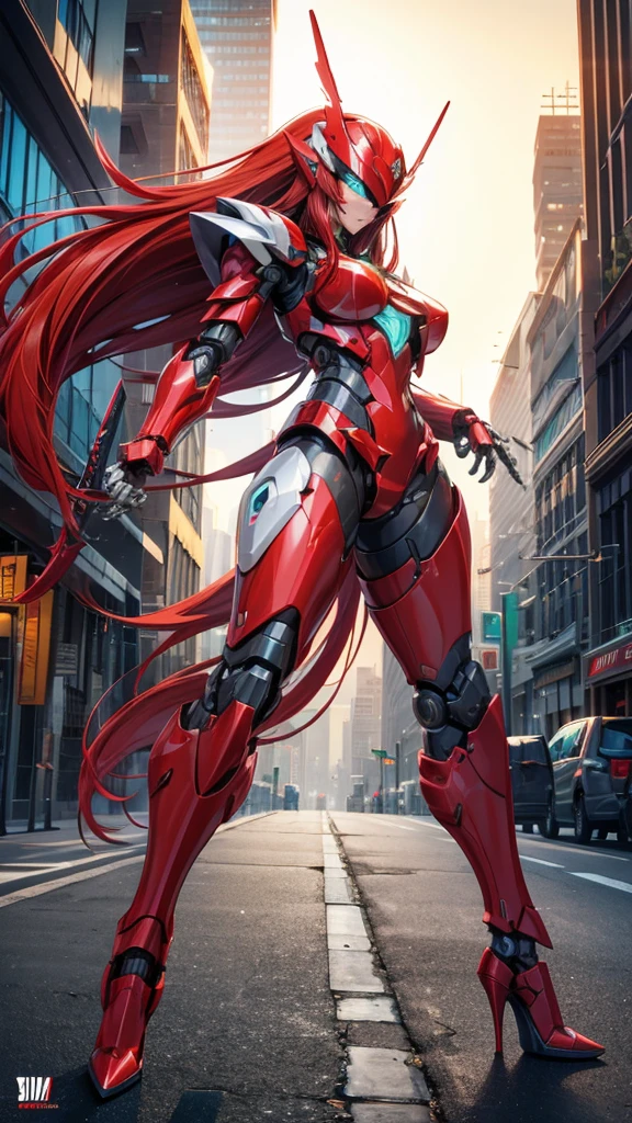 Huge female robot with long red hair,helmet,Full body red armor,mechanical joint,Chest,,high heels,City