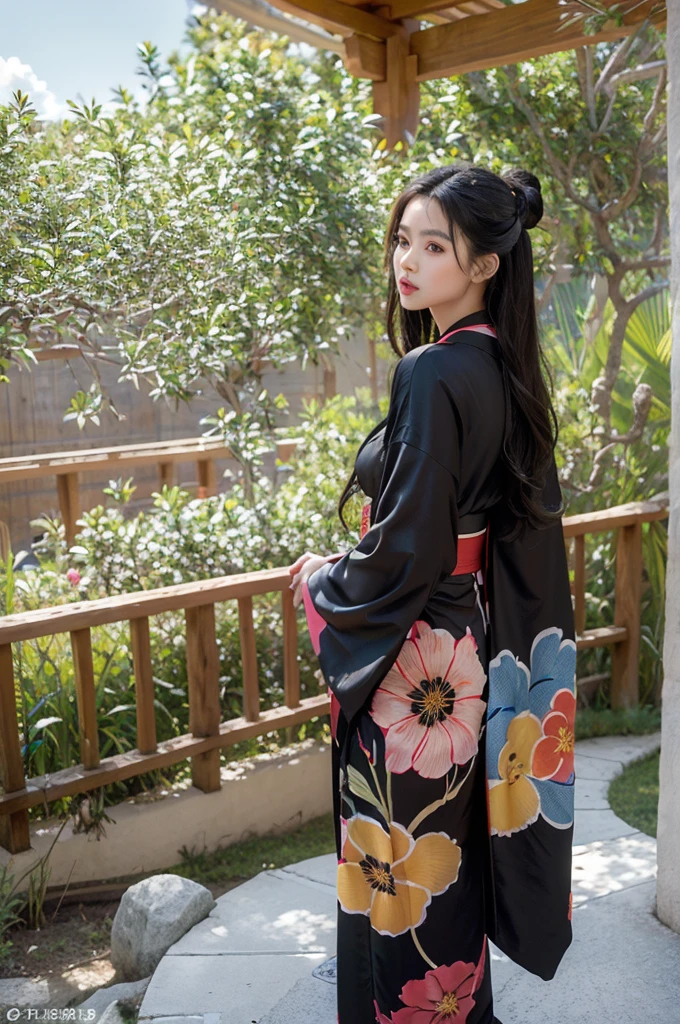 ((obra maestra,mejor calidad)),2 chicas, kimono negro, calzas negras, black cinta, pelo negro, Flores de cerezo, day, flor, Bun, hair cinta, ropa japonesa, kimono, pelo largo, mirando al espectador, looking back , varias chicas, cinturones, al aire libre, ojos rojos, cabello rojo, cinta, sandalias, buen soltero, escaleras, de pie, estatua, torii, tree, kimono blanco, ojos amarillos