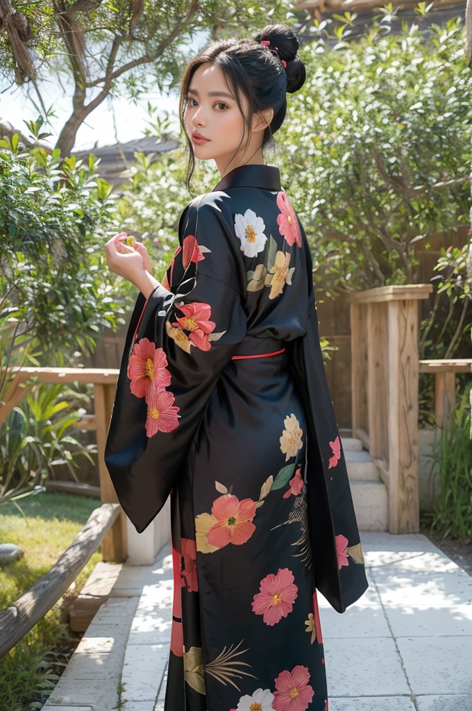 ((obra maestra,mejor calidad)),2 chicas, kimono negro, calzas negras, black cinta, pelo negro, Flores de cerezo, day, flor, Bun, hair cinta, ropa japonesa, kimono, pelo largo, mirando al espectador, looking back , varias chicas, cinturones, al aire libre, ojos rojos, cabello rojo, cinta, sandalias, buen soltero, escaleras, de pie, estatua, torii, tree, kimono blanco, ojos amarillos