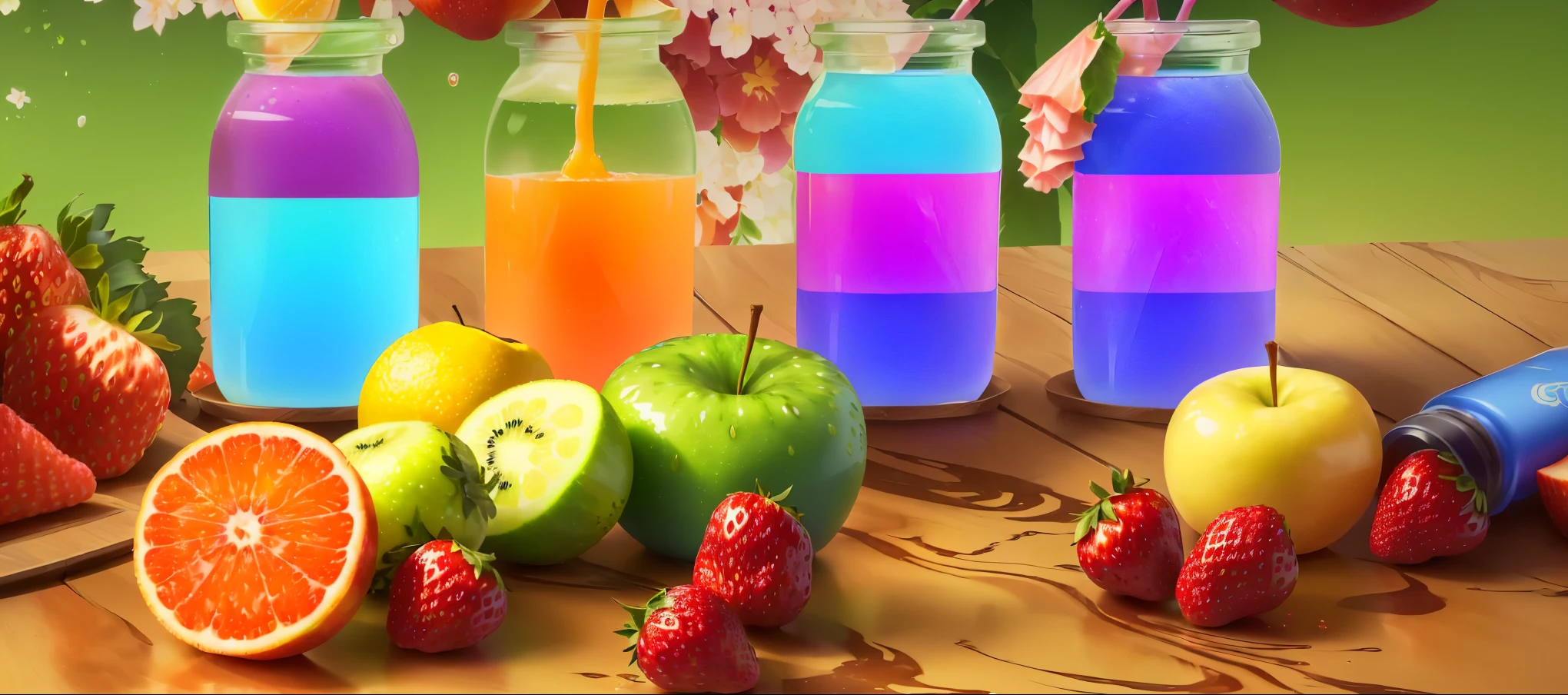 There are many different fruits on the table, strawberry,rainbow liquids, juice, background technology, background technology,lotion, Colorful apples, juicy color, Detailed 4k, magical lotions, magic lotions, health lotion, lotion, Colorful concept art, Stylization, Color illustrations, 浆juice