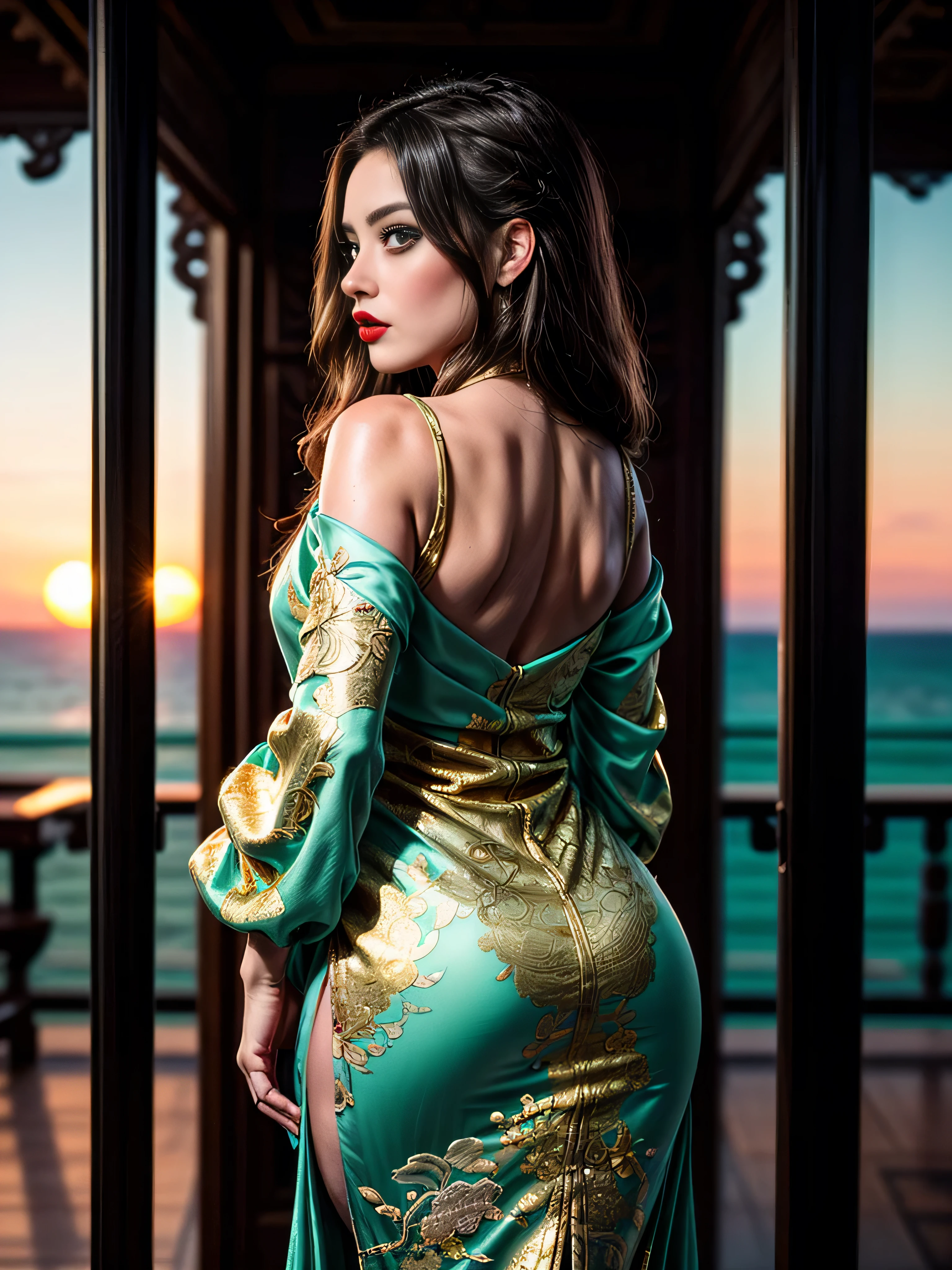 (masterpiece), (extremely intricate:1.3), (realistic), portrait of a muscular girl, ((((detailed woman, ((blackout gothic eye makeup, red lips, strong square cleft chin, arrogant, [flat chest:medium breasts:0.8]), long wavy [blonde hair:dark hair:0.2], (((bright seafoam gold chinoiserie evening gown), rear view, from behind)))))), freckles:1.0, professional lighting, photon mapping, radiosity, physically based rendering, ultra resolution, hyper-realistic), metal reflections, upper body, outdoors, intense sunlight, far away castle, professional photograph of a stunning woman detailed, sharp focus, dramatic, award winning, cinematic lighting, volumetrics dtx, (film grain, blurry background, blurry foreground, bokeh, depth of field, sunset, interaction, photorealistic:1.4), 8K
