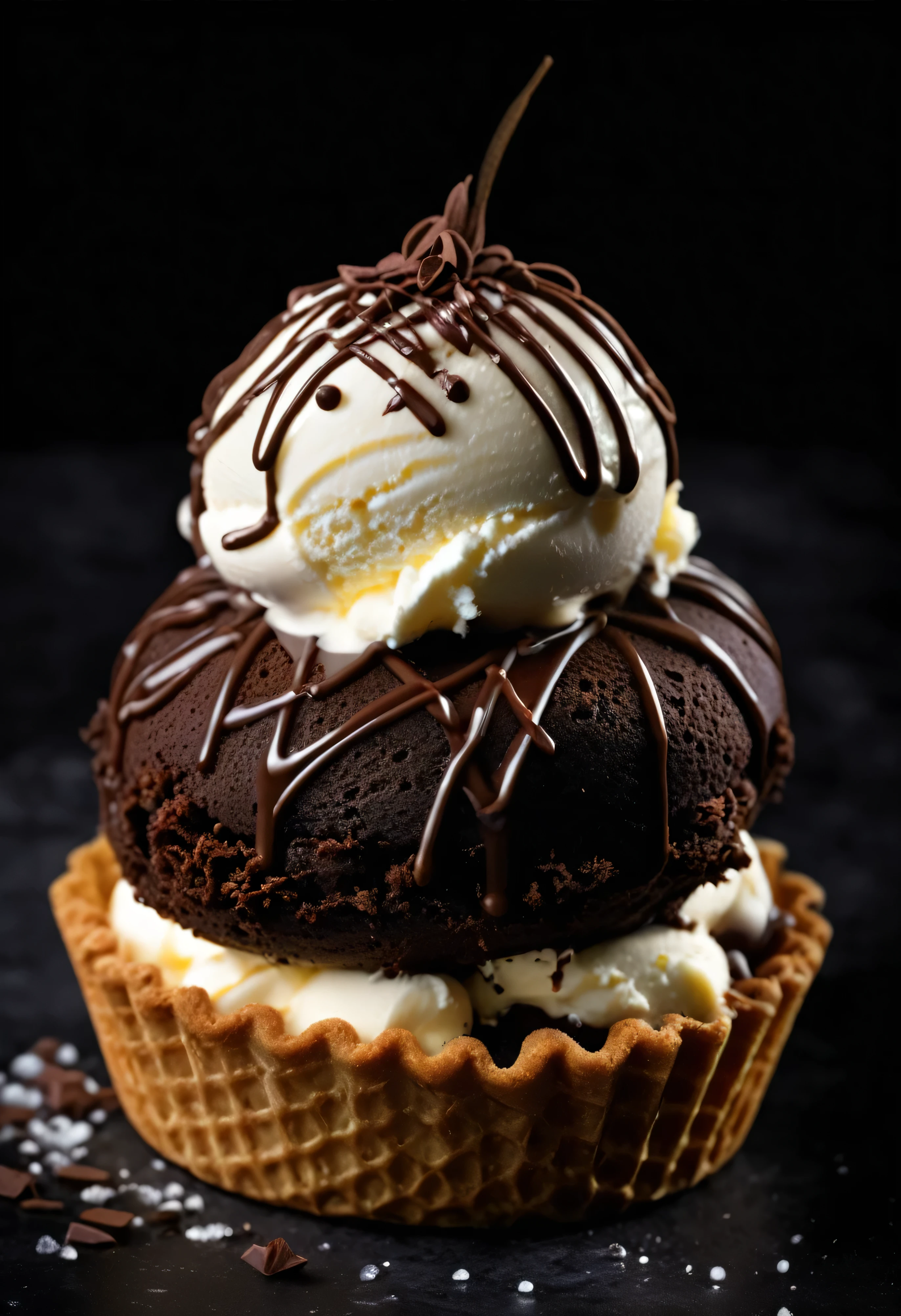 cake, ice cream, chocolate, intricate detail ,dark background , HD, 8k, Photography,