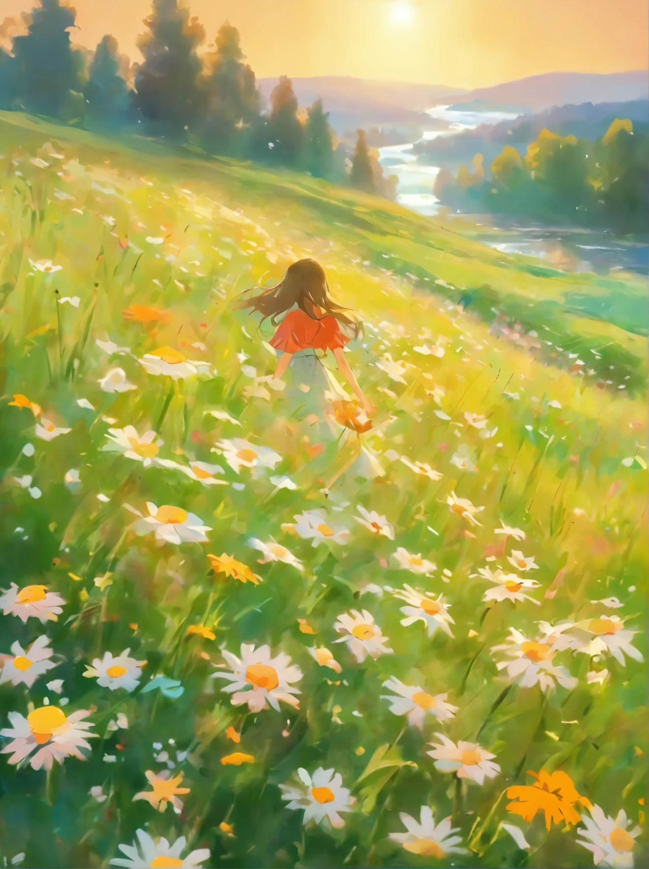 painting of a field of daisies and a river in the distance, meadow with flowers, meadows on hills, field of flowers, by Eugene Tertychnyi, [ oil painting ]!!, landscape oil painting, by Franciszek Starowieyski, summer landscape, summer meadow, by Sylvester Shchedrin, meadows, by Dechko Uzunov