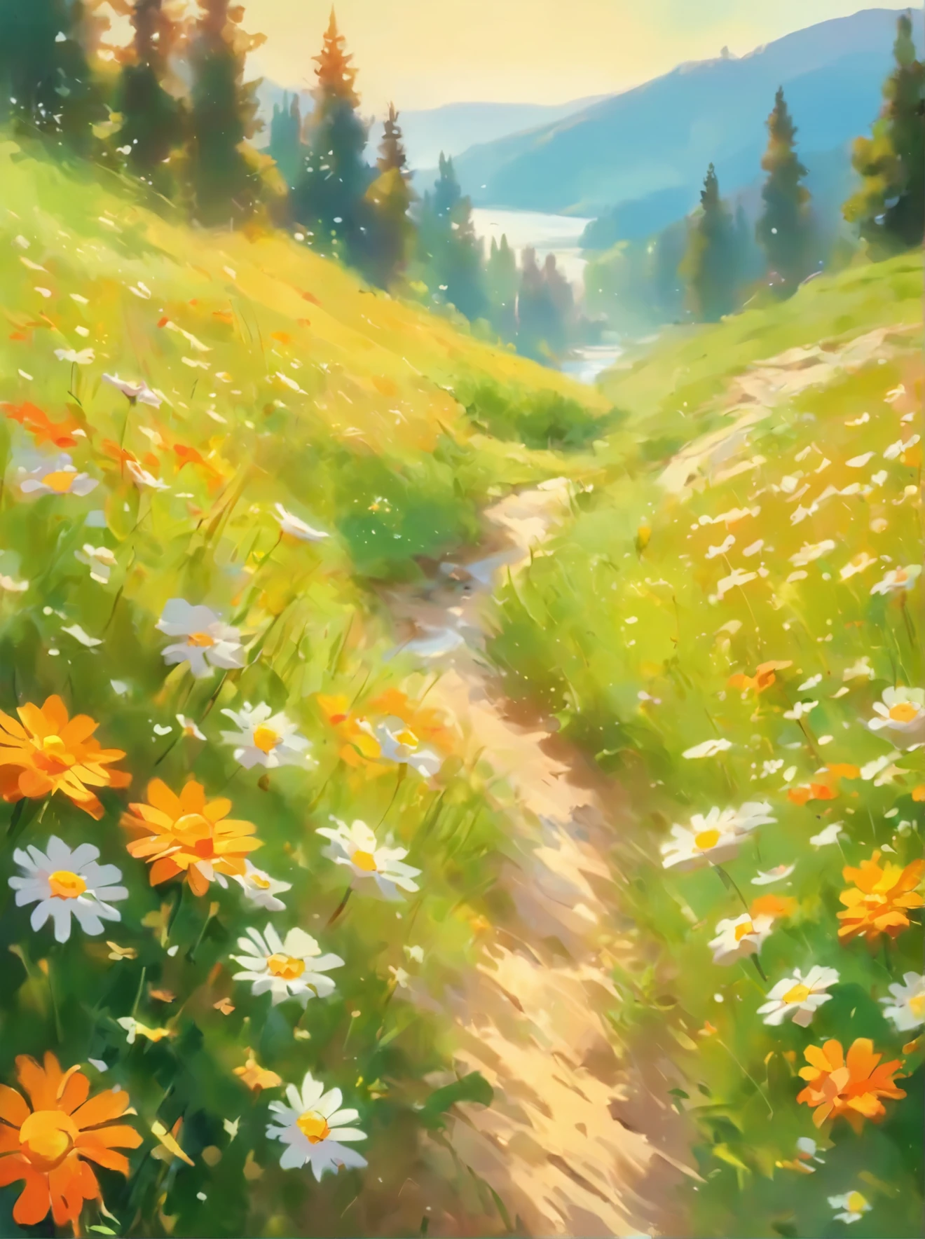 painting of a field of daisies and a river in the distance, meadow with flowers, meadows on hills, field of flowers, by Eugene Tertychnyi, [ oil painting ]!!, landscape oil painting, by Franciszek Starowieyski, summer landscape, summer meadow, by Sylvester Shchedrin, meadows, by Dechko Uzunov