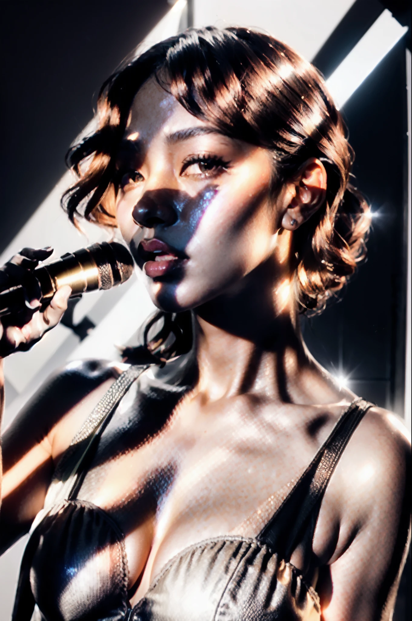 (realistic:1.3), finely detailed, quality, (masterpiece:1.2), (photorealistic:1.2), (best quality), (detailed skin:1.3), (intricate details), dramatic, black female singer on stage with a microphone singing, 21 years old, detailed skin texture, (blush:0.5), serious expression, short hair curls, bangs, hair between eyes, close up portrait shot, dark background, (detailed shadows, monochrome, black and white photo, silhouette, spotlight, dark theme:1.4),