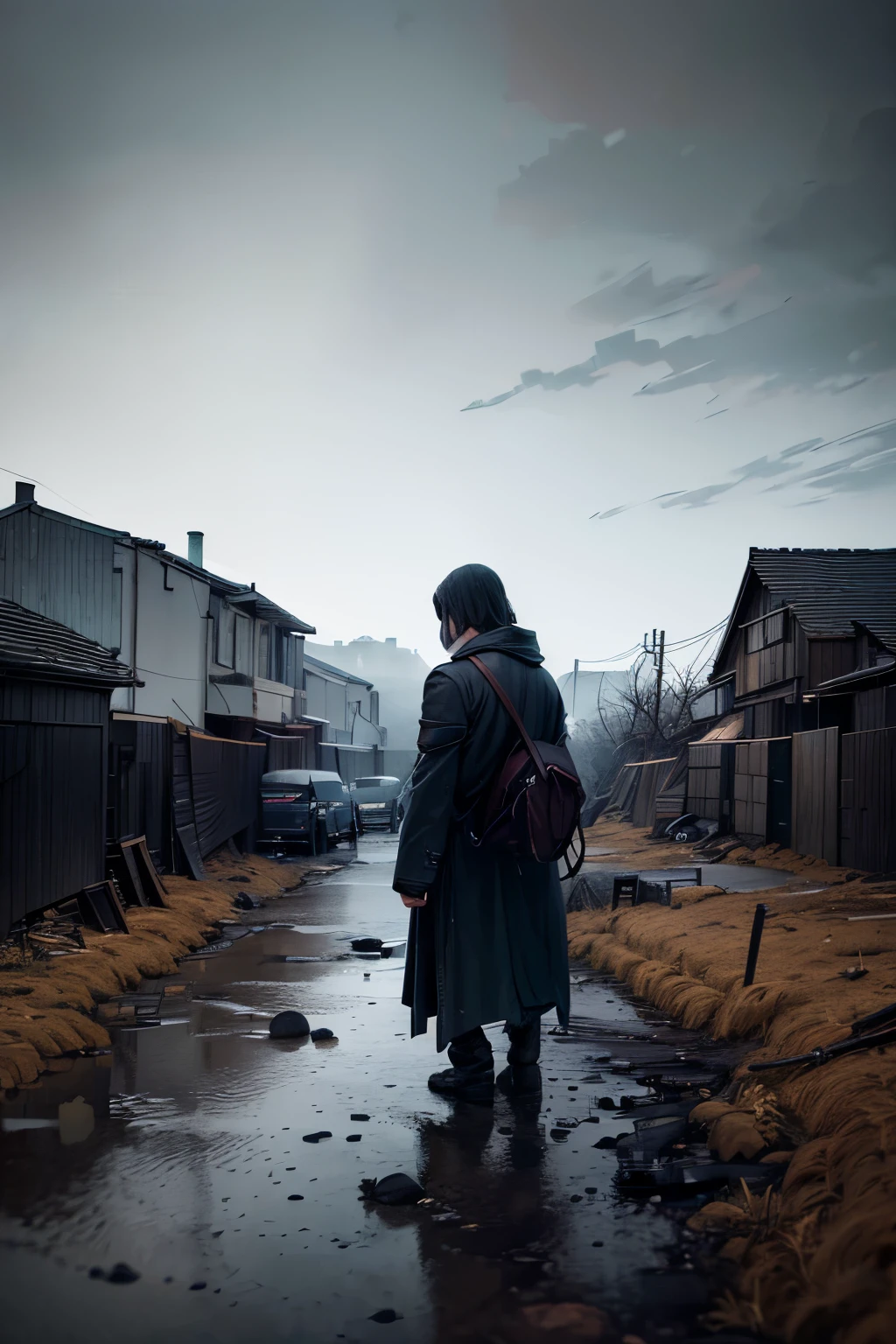 a small town in the countryside, melancholy mood, abandoned buildings, overgrown with weeds, gloomy lighting, muted color palette, rainy weather, somber atmosphere, decaying structures, lonely figure walking down an empty street, feeling of isolation and despair, (best quality,4k,8k,highres,masterpiece:1.2),ultra-detailed,(realistic,photorealistic,photo-realistic:1.37),cinematic composition,dramatic chiaroscuro lighting,moody and atmospheric,muted color tones,subtle film grain