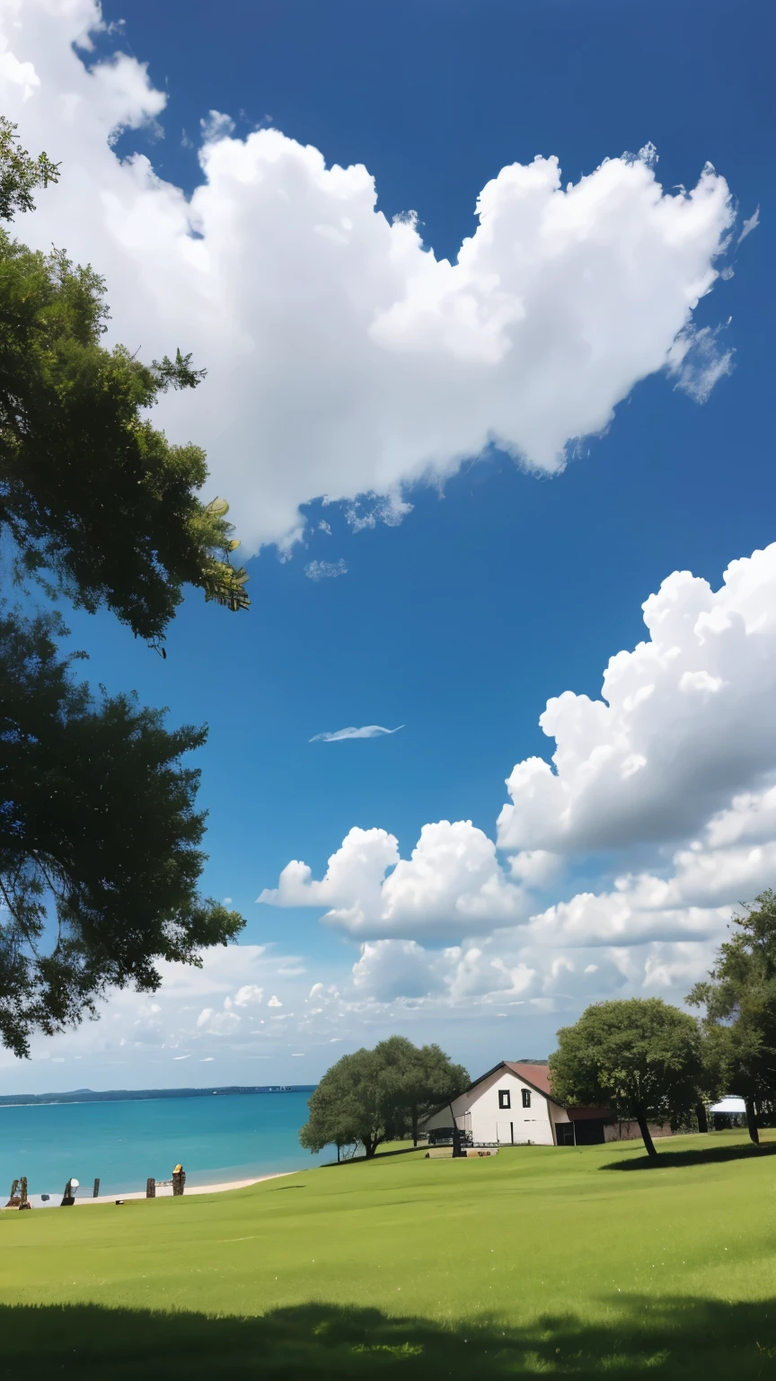 A4 screen size,(The blue sky and white clouds occupy two-thirds of the picture)Under the blue sky and white clouds is the village grass