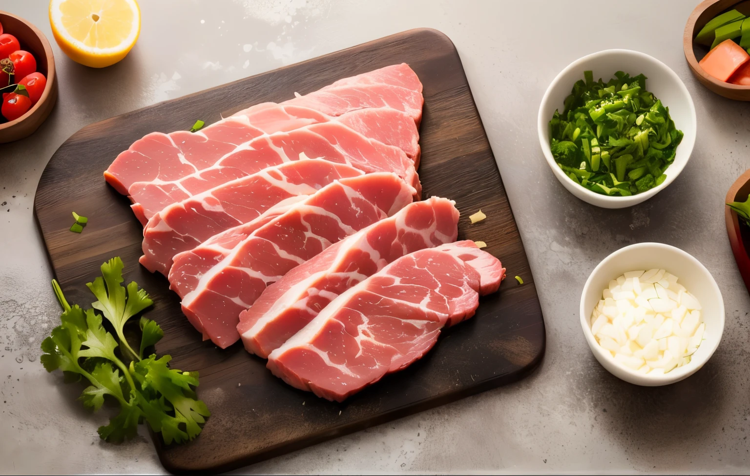 a close up of a cutting board with meat and vegetables on it, raw 猪meat, 猪meat, 猪meat meat, Good quality, meat, lunchmeat, Slicing Technology, red meat shreds, meat with veins, Angled, High-quality photos, Best selection on Adobe Stock, Ultra-high resolution, , eating meat, meaty, meat texture, simple