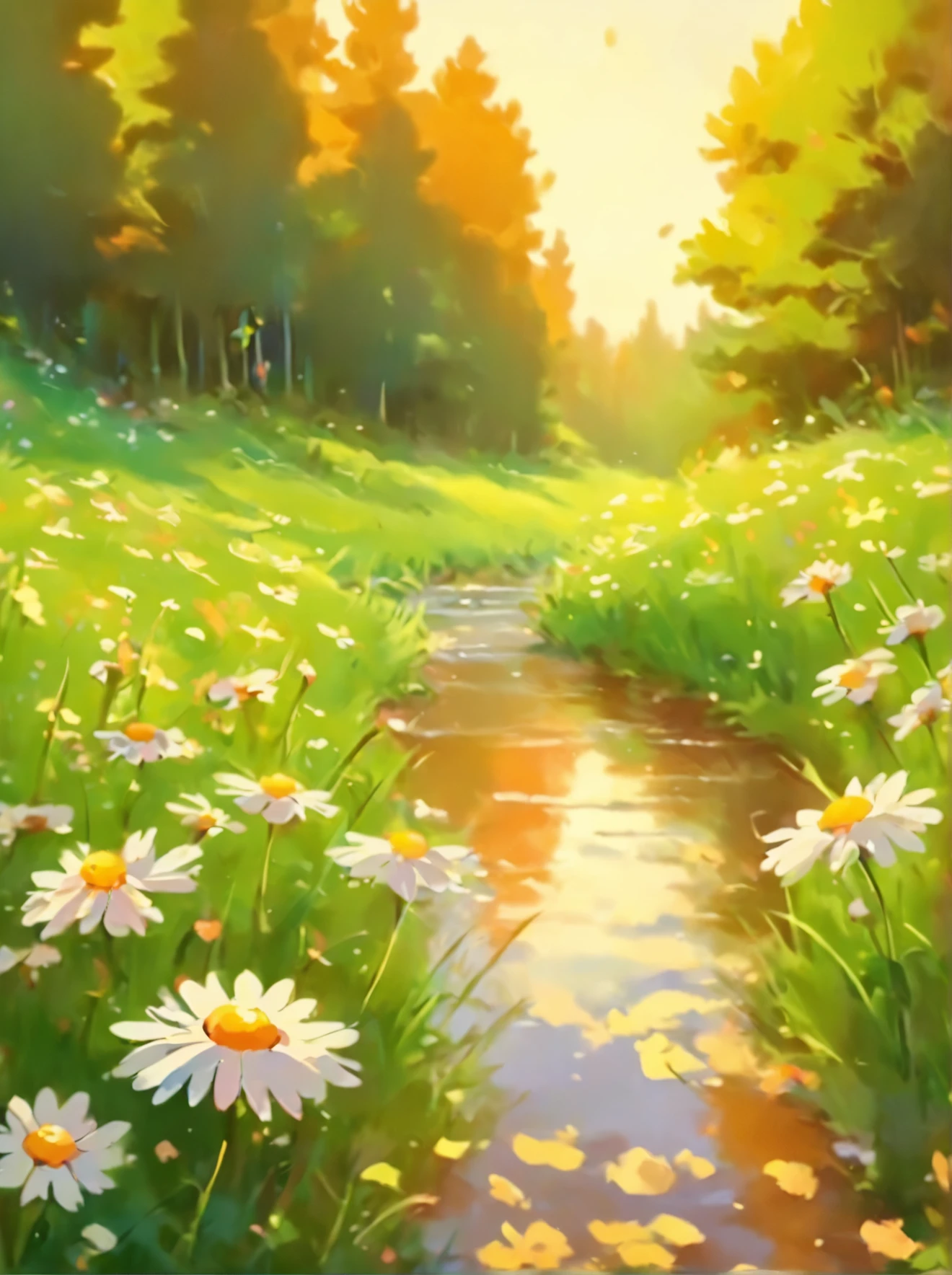 painting of a field of daisies and a river in the distance, meadow with flowers, meadows on hills, field of flowers, by Eugene Tertychnyi, [ oil painting ]!!, landscape oil painting, by Franciszek Starowieyski, summer landscape, summer meadow, by Sylvester Shchedrin, meadows, by Dechko Uzunov
