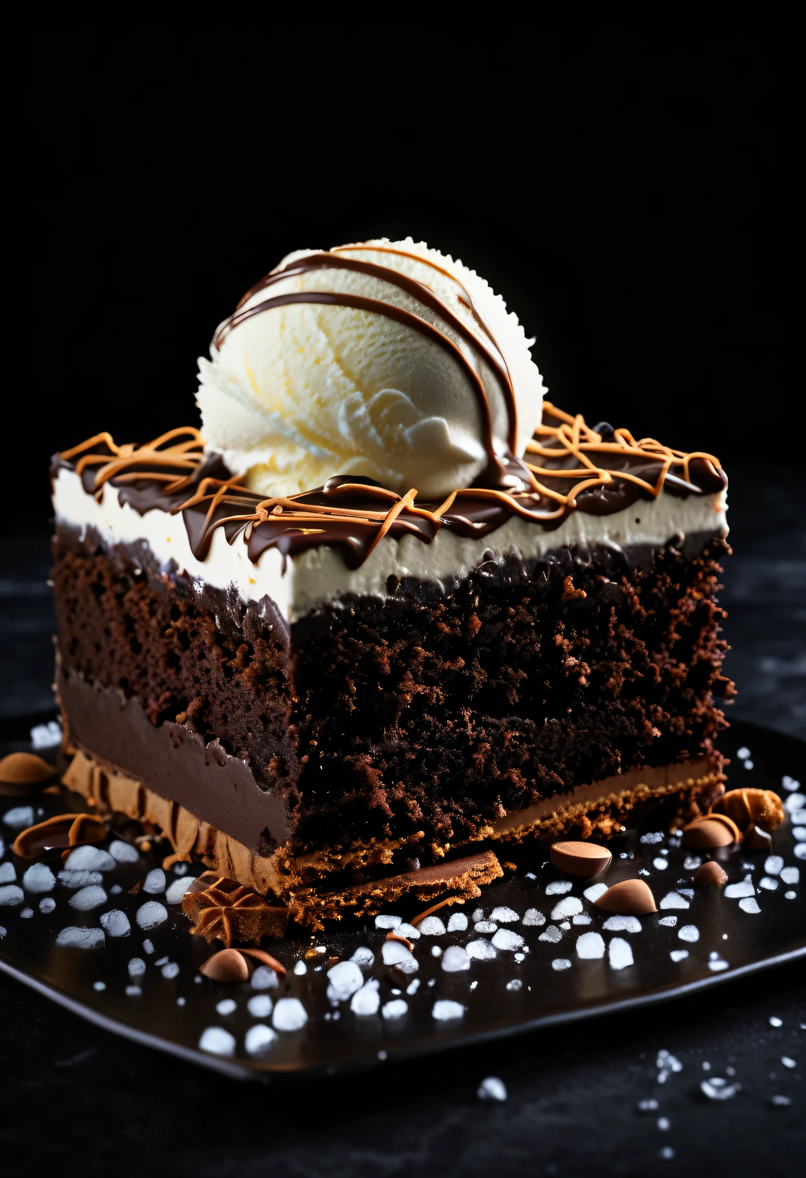 cake, ice cream, chocolate, intricate detail ,dark background , HD, 8k, Photography,