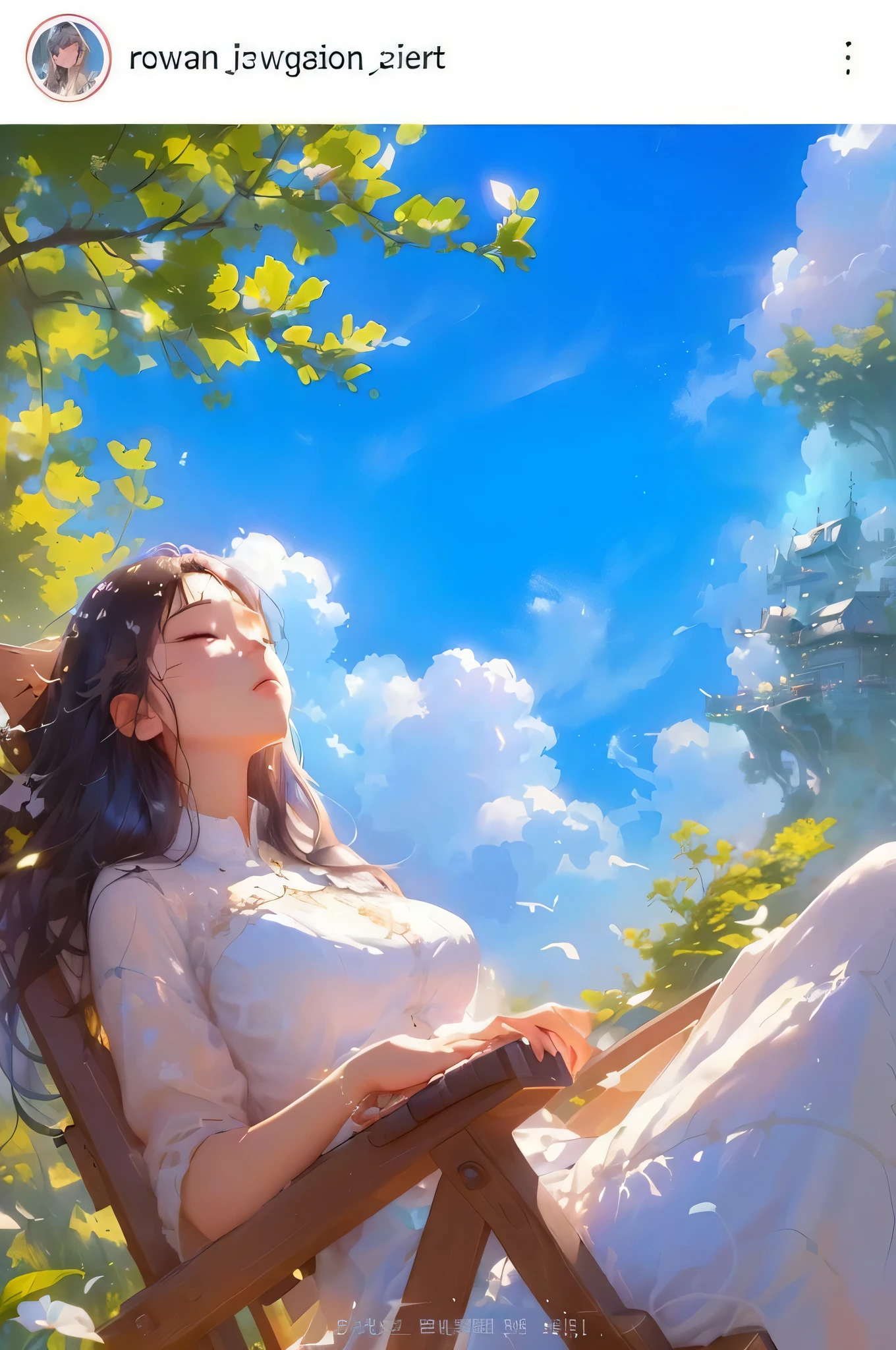 Woman sitting on a chair with eyes closed, hair blowing in the wind, beautiful picture, relaxing concept art, Reporter Li Song, lying on the white clouds, a fairyland, by 양J, animated beautiful peace scene, beautiful digital painting, beautiful digital artwork, Girl Cloud, Writer: Zou Zhe, Guweiz style art work, by Yesin