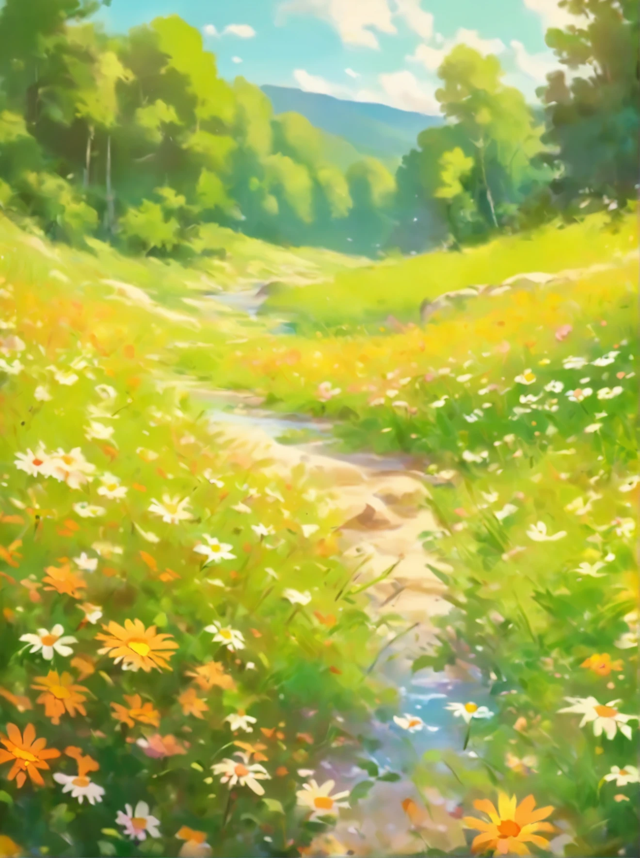 painting of a field of daisies and a river in the distance, meadow with flowers, meadows on hills, field of flowers, by Eugene Tertychnyi, [ oil painting ]!!, landscape oil painting, by Franciszek Starowieyski, summer landscape, summer meadow, by Sylvester Shchedrin, meadows, by Dechko Uzunov