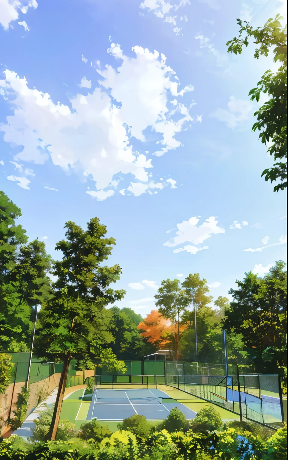 there is a tennis court with a tennis ball on it, nature growing around the city, sunny day with clear sky, panorama view of the sky, nature and clouds in background, over the tree tops, with a park in the back ground, trees in background, stunning nature in background, there is blue sky, the sky is beautiful and clear, nature returning to the city