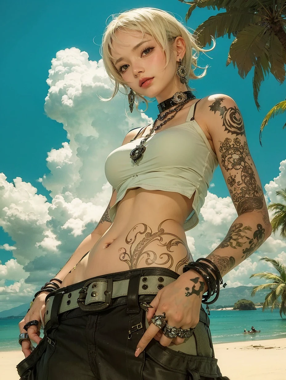 masterpiece, ultra detailed, hyper detailed, insanely detailed, detailed, high quality, best quality, exquisite, beautiful, woman, shy, wink, making a V sign, looking at viewer, black hair, big eyes, slant eyes, wide-eyed, heterochromia, with heart-shaped pupils, wheatish skin, skirt, choker, with a tattoo, piercing, beauty mark, freckles, blush, nail polish, long hair, twintail, very long hair, long hair, twintails, spiked hair, flipped hair, ahoge, shiny hair, wavy hair
