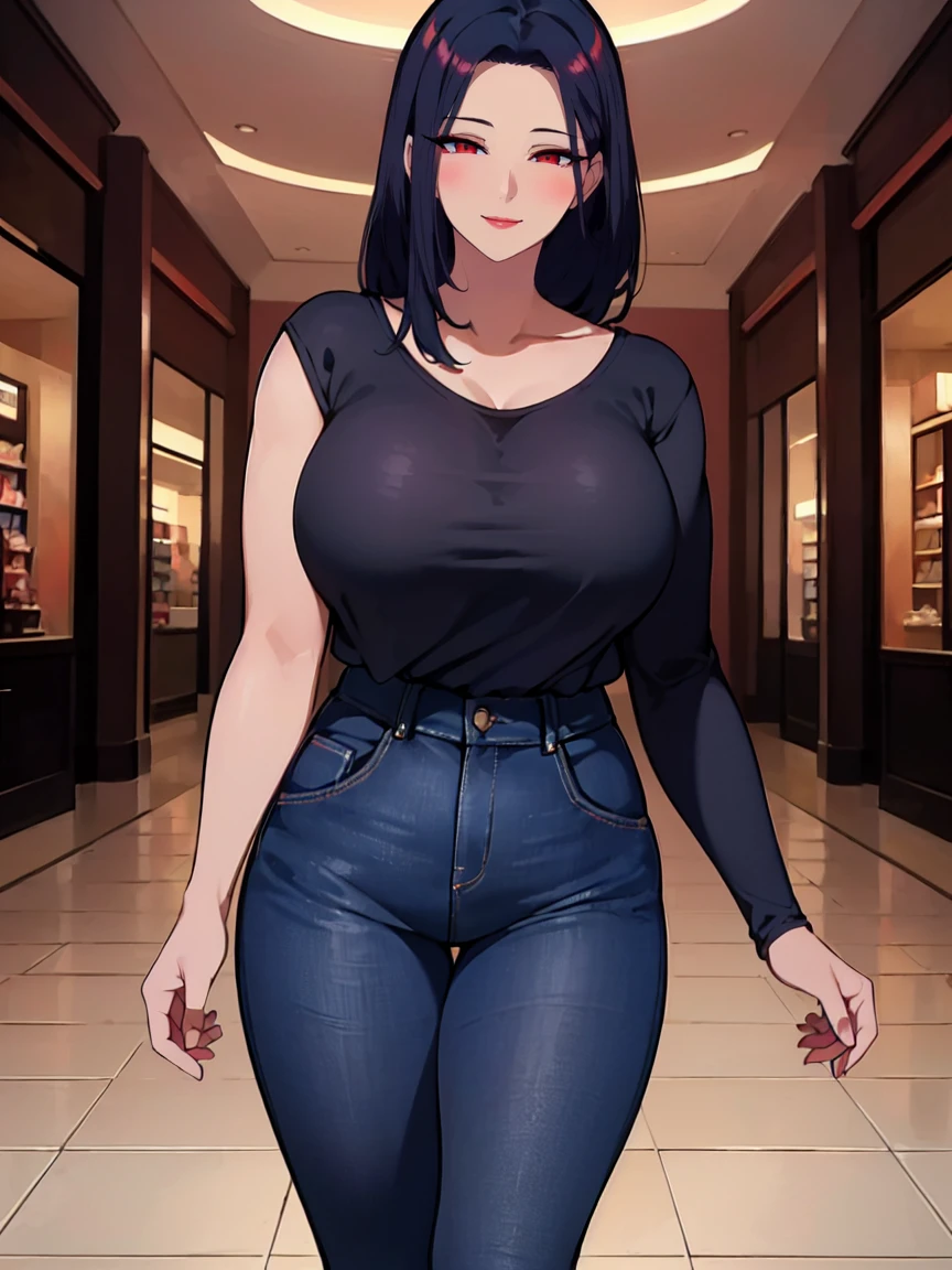(Uhd, Masterpiece, Textured Skin, Super Detail, High Details, High Quality, Best Quality), 1woman, pretty woman, ((Thicc body, wide hips, thick thighs)), red eyes, blue straight hair, tall, (Casual Black top), (black Jeans), ((Mall)), (trying to hold you hand)