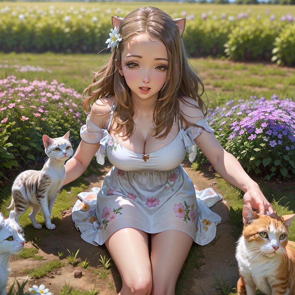 A gorgeous woman in a light colorful summer dress, playing in a field of flowers with her lively cat, cute antics, adorable scenes, mischief and fun
