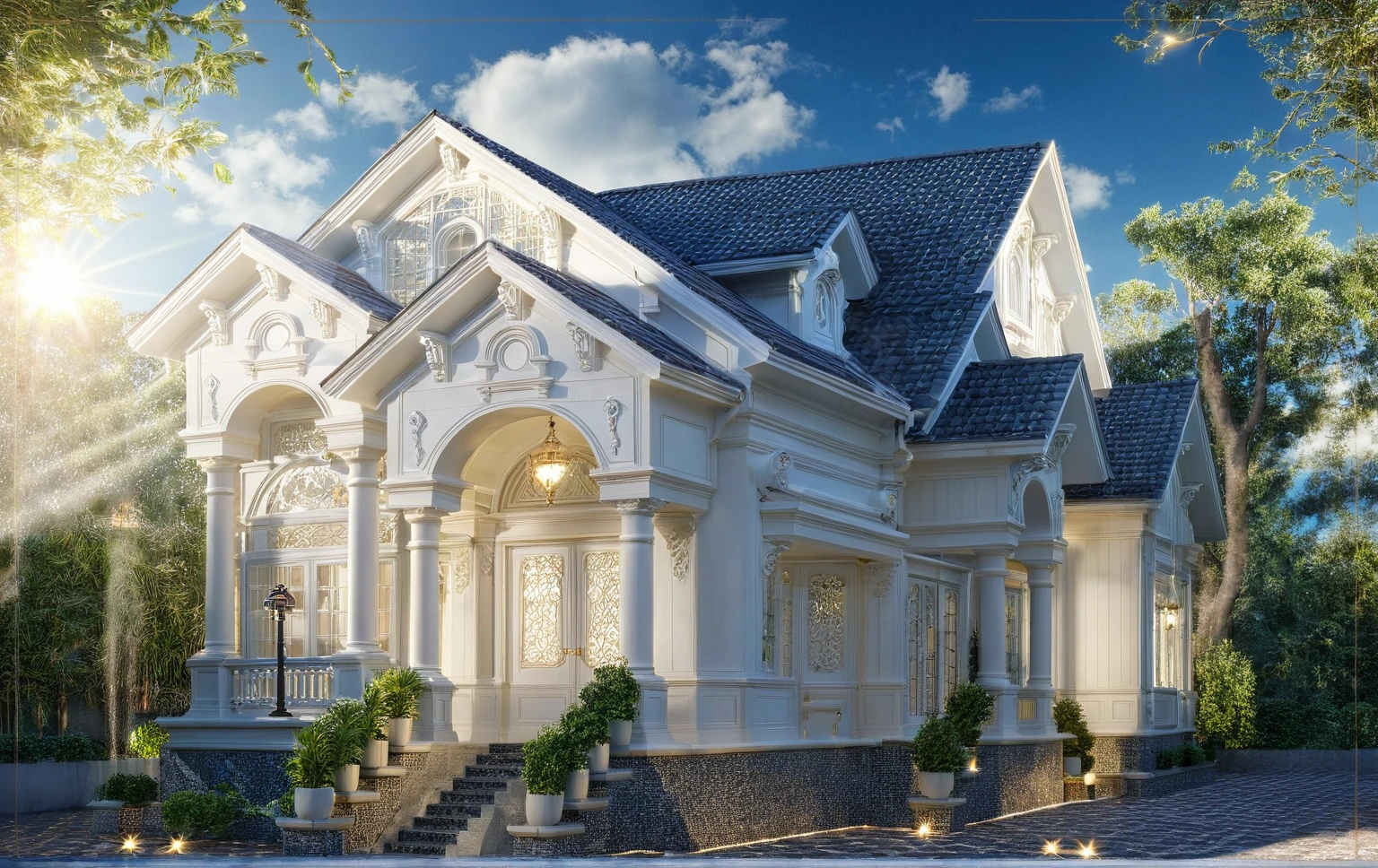 ,Masterpiece, Best quality,8K, Ultra-high resolution,Immediately surrounded by a rich atmosphere of luxury white-off ornaments。Whenever it is late afternoon,The afterglow from the window spilled on the floor,Soft light and shadow are reflected,It was as if entering a dreamland, Architectural style Architectural style, ((Classic Style House)),(masterpiece) , ((best quality)), dramatic lighting, high quality outdoors, sky, day, cloud, tree, blue sky, building, scenery, road, real world location, sunlight, enough detail, high resolution,super realistic, Photorealistic, highly detailed, balcony, door, car, truck, parking slot, paving, . Clean lines, architectural drawing, highly detailed , . Clean lines, geometric shapes, architectural drawing, highly detailed, (( round column : 1.3 )), round pillar..
