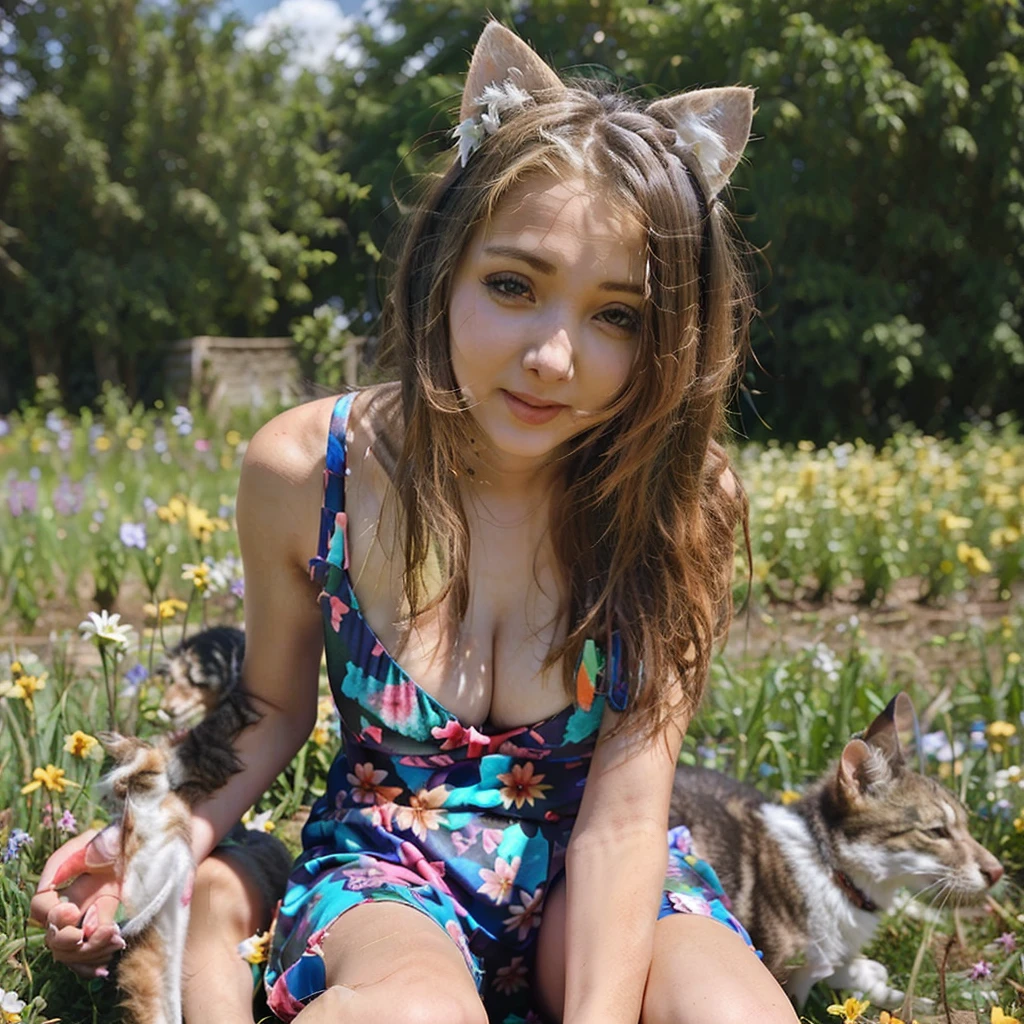 A gorgeous woman in a light colorful summer dress, playing in a field of flowers with her lively cat, cute antics, adorable scenes, mischief and fun